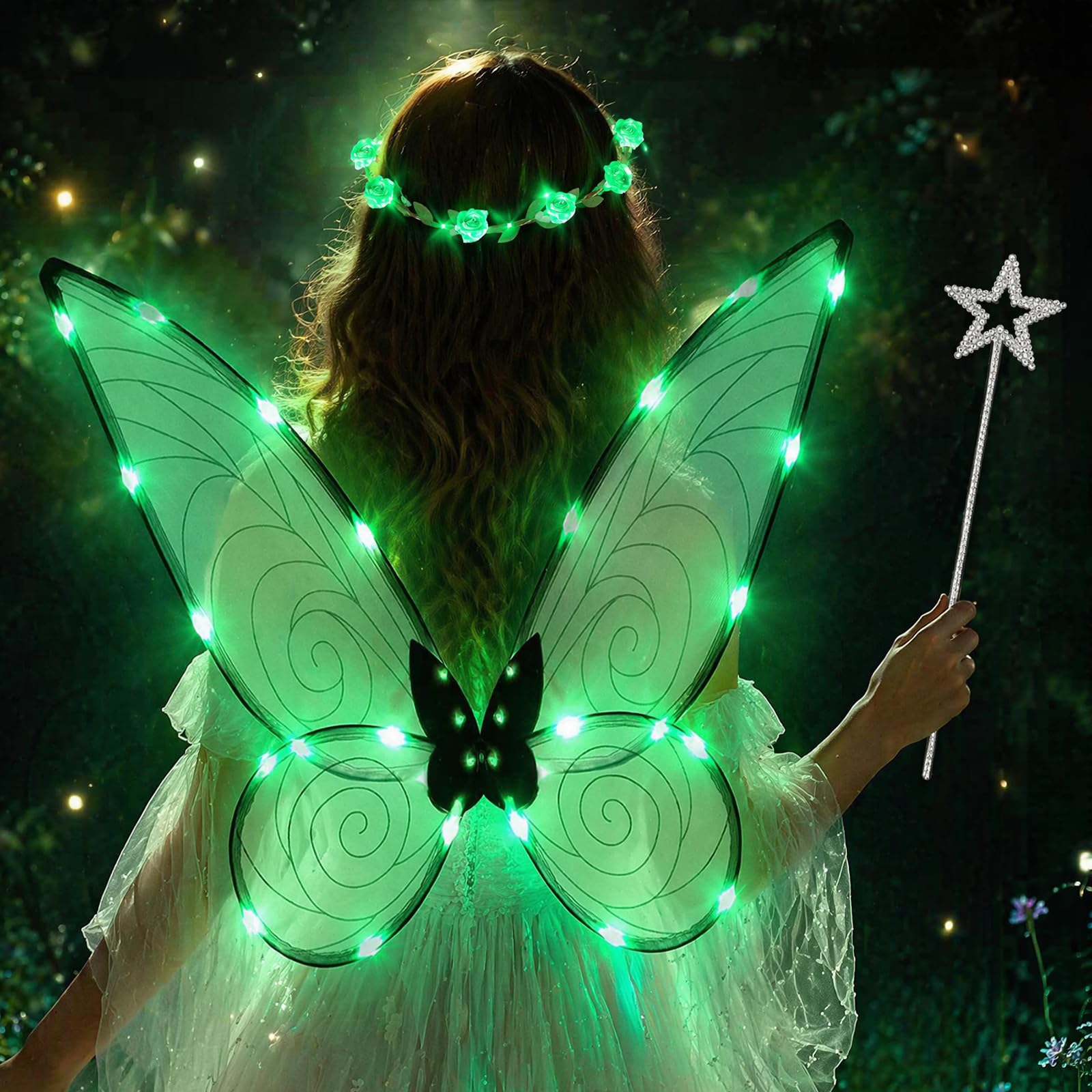 Light Up Butterfly Wings, LED Wings Fairy Costume Set with Fairy Wand and Flower Crown, Fairy Wings, Halloween, Christmas, Party and Dance Shows(Green)