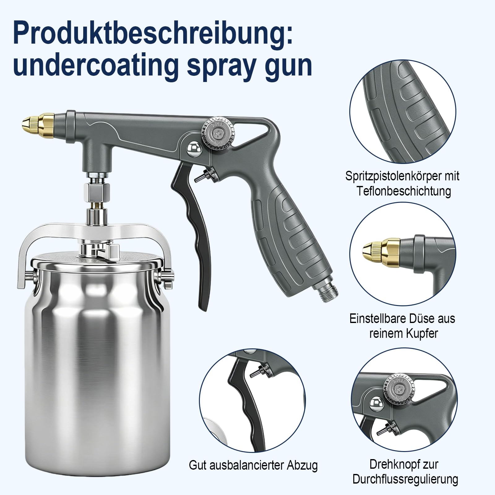 Unterbodenschutz-Spritzpistole mit Saugnapf 360° geradem Spritzschlauch 1000ml Aluminiumbecher Druckbecherpistole