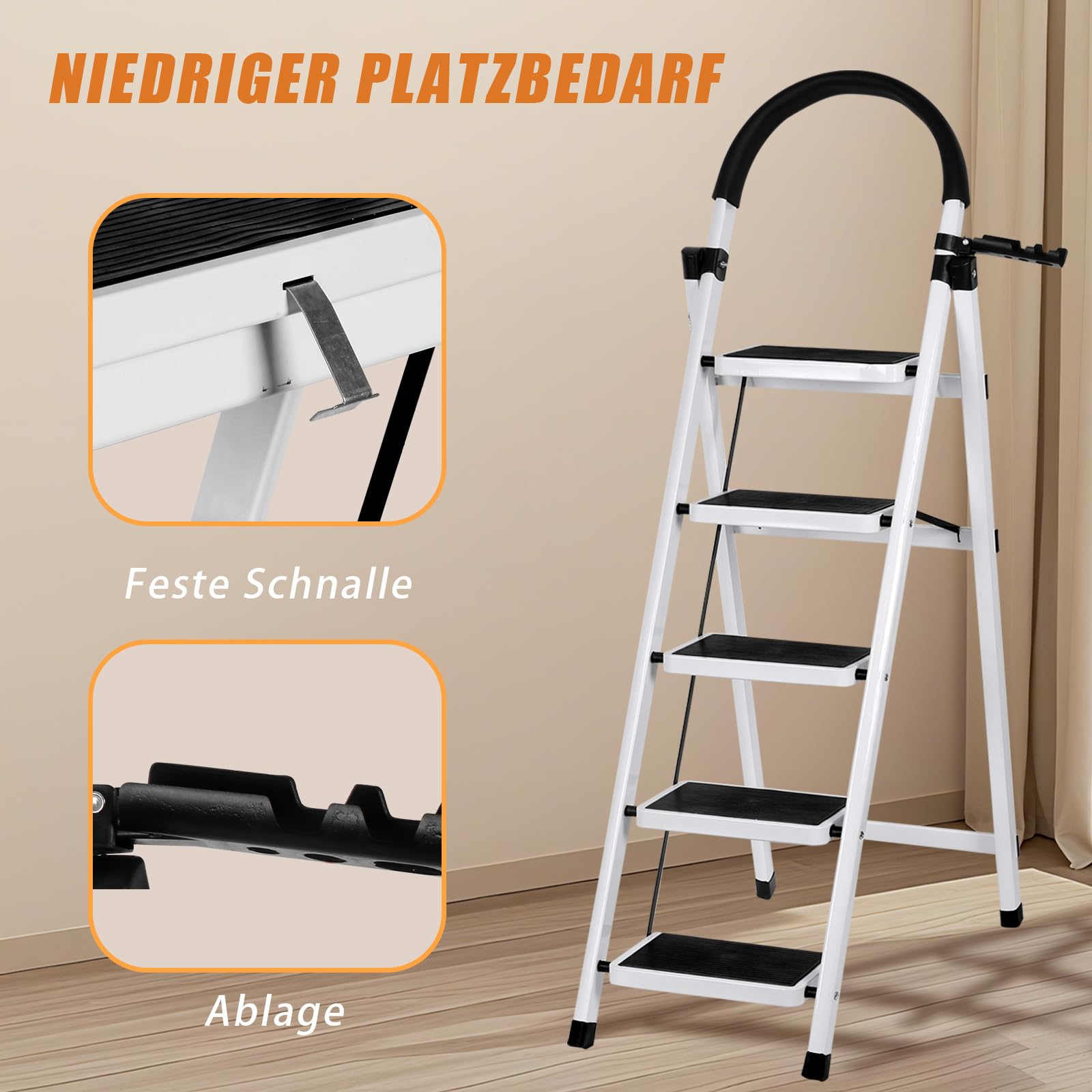 Escalera Plegable de Acero de 5 Peldaños, Escalera Doméstica Antideslizante con Barandilla para Cocina, Hogar y Oficina - Blanco | Antideslizante, Para Cocina, Para Hogar, Para Oficina, Doméstica