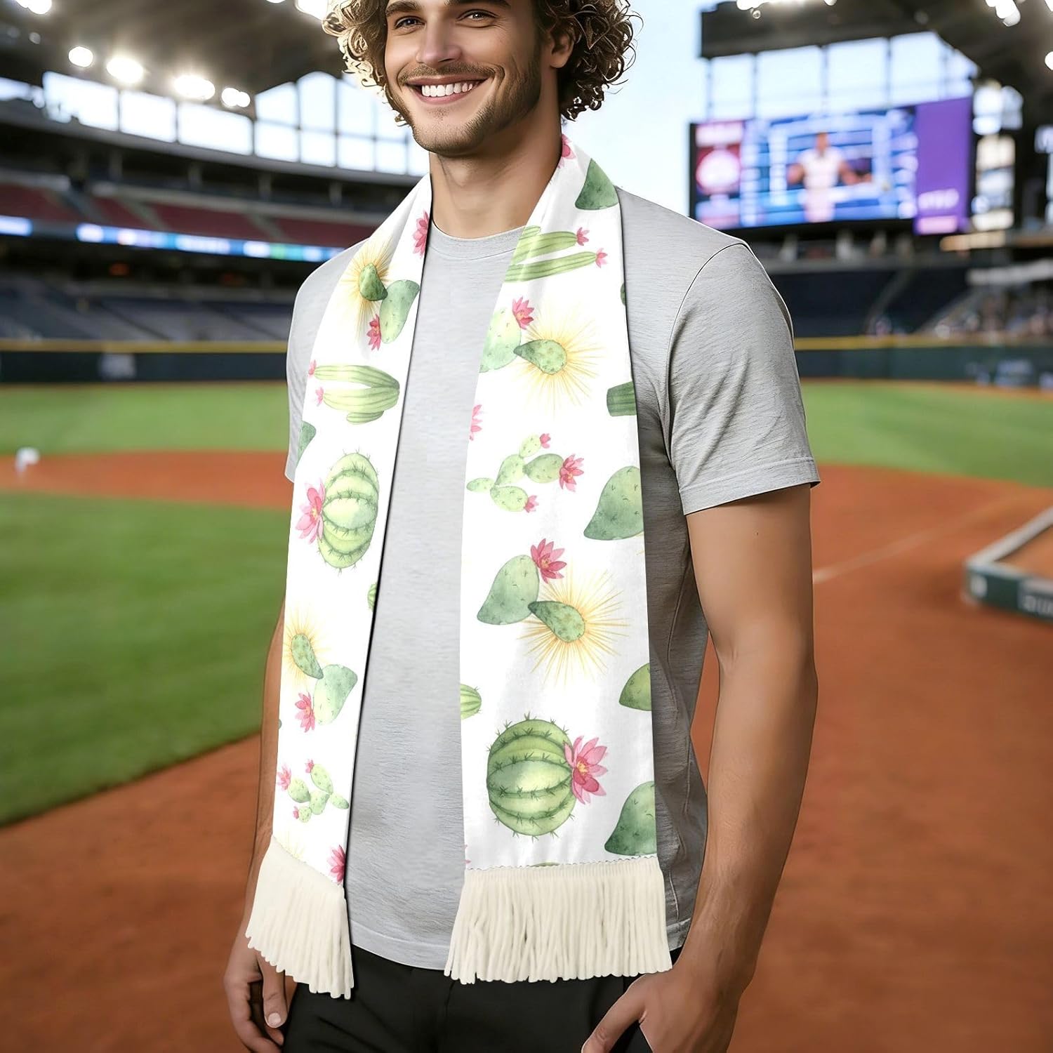 CHIFIGNO Cactus Green White Sports Fan Scarf, Soft Quick Dry Polyester Cheering Towel for Soccer Games, Sweat Wicking Rally Scarf with Fringe Ends