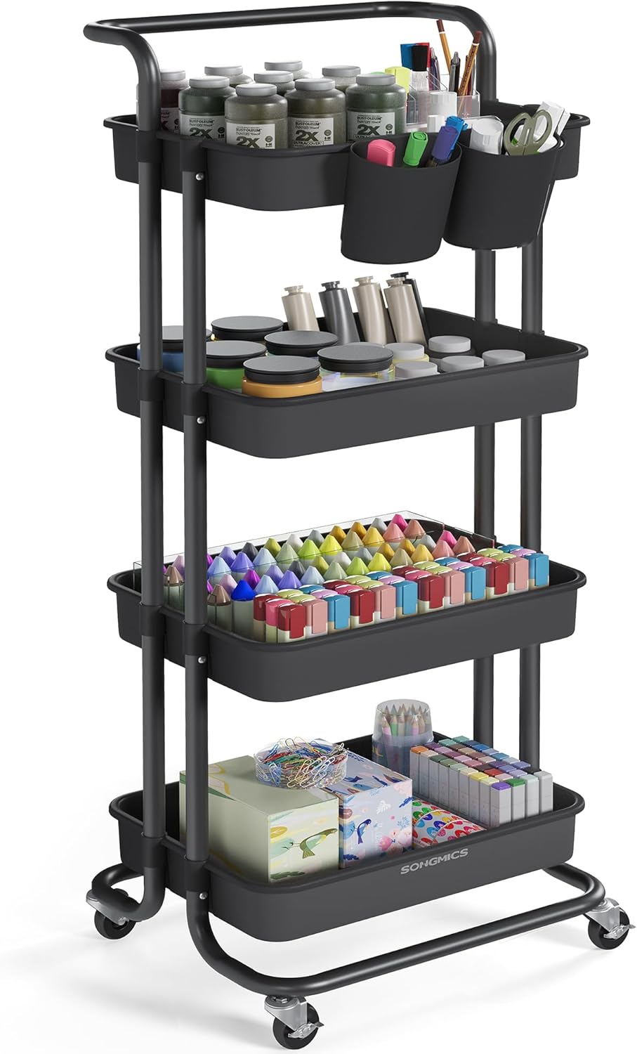SONGMICS Carrello Scorrevole, Carrello a 4 Ripiani con Maniglia, Carrello di Servizio con Maniglia e 2 Piccoli Organizer, Struttura in Acciaio, per Bagno Lavanderia, Nero BSC077BZ01