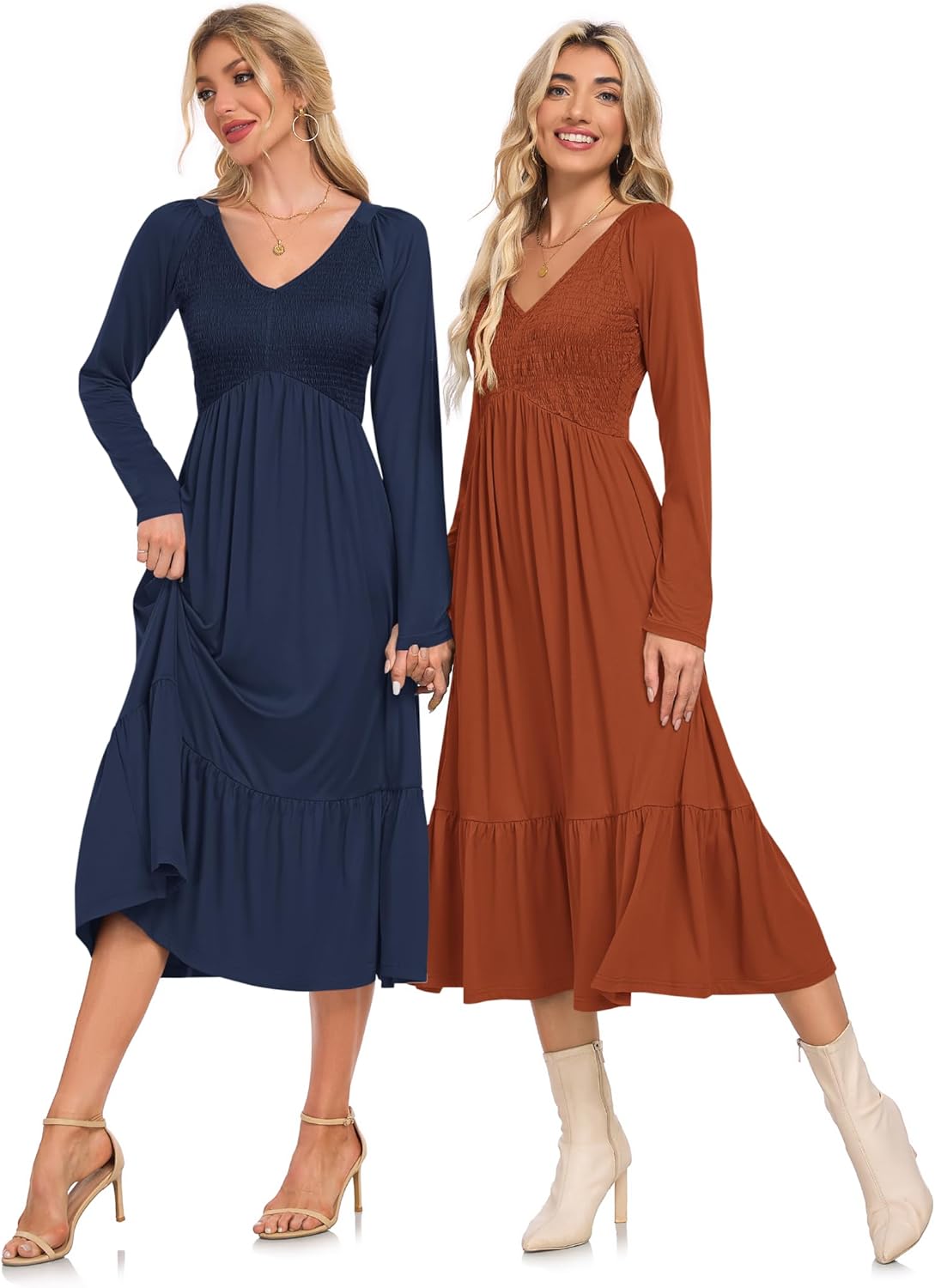 AUSELILY Women's Fall Empire Waist Dress 2025 Smocked Flutter Long Sleeve V Neck Flowy Tiered Midi Long Dresses - Image 5