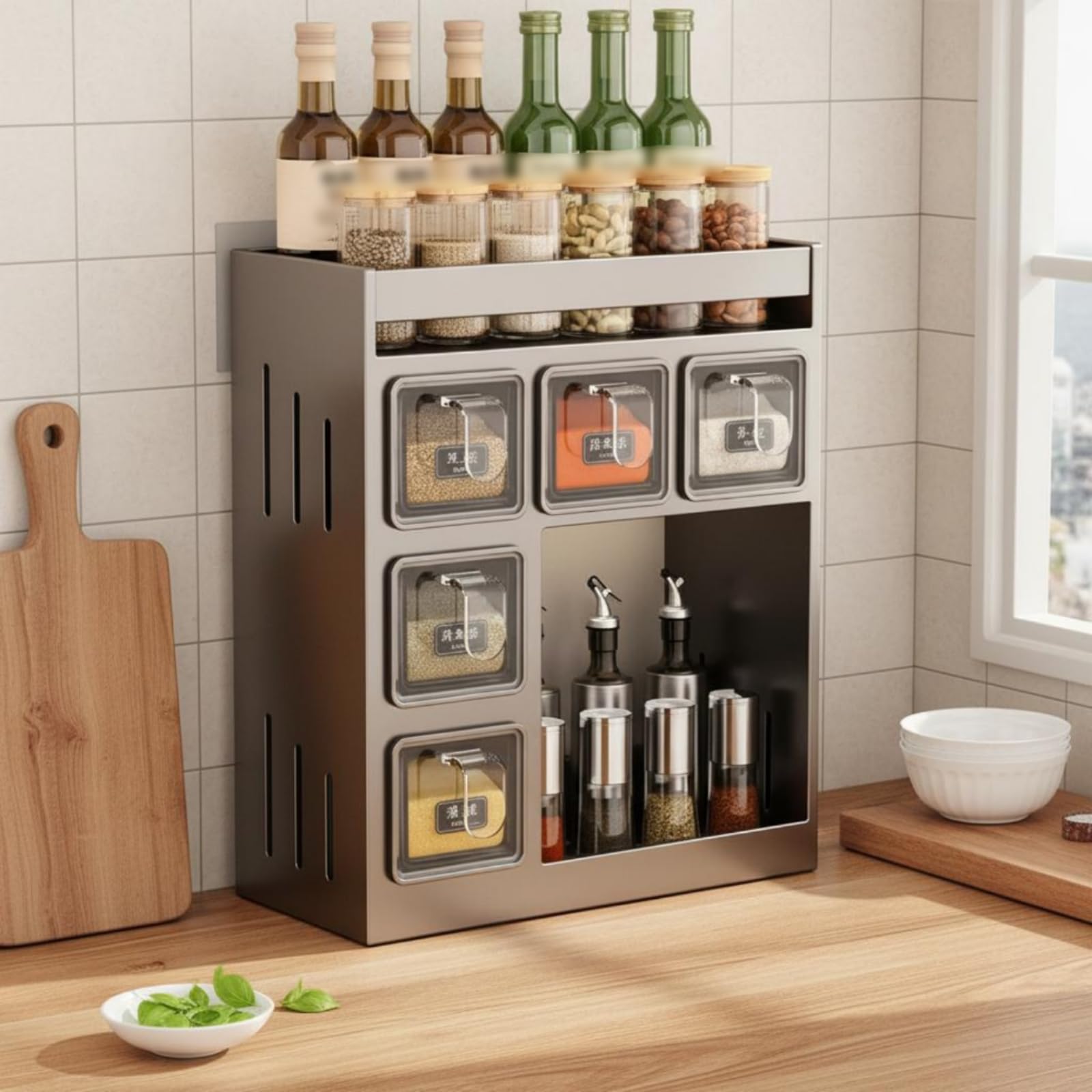 Estante de Especias de Pared Organizador de Cocina Soporte para Condimentos Repisa con Vasos Material Acero Carbono Apto para Almacenamiento Doméstico