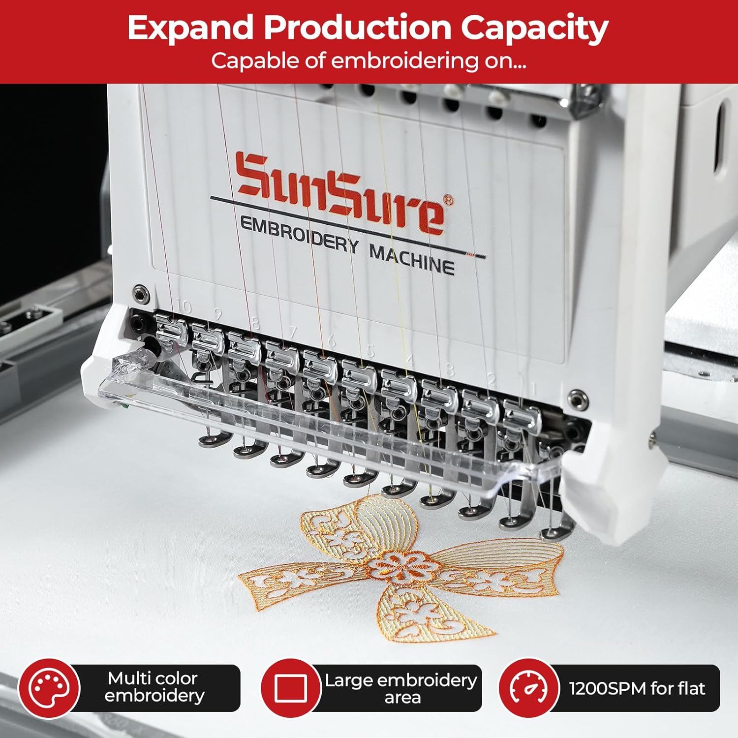 Sunsure 10-Needle Home Embroidery Machine with Smart Touch Screen,9.5"x14.2" Embroidery Area,1200SPM Max Speed,T-Shirts,Hats,Tote Bags,3D&2D Cap,flat System include,pattern Free design Support