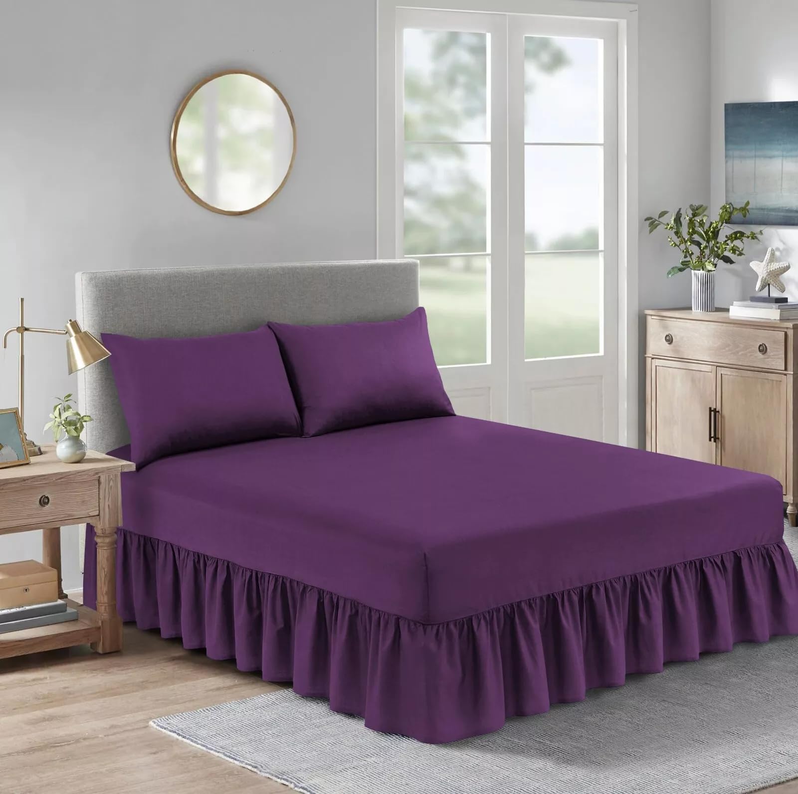 Valance Fitted Sheet - Soft Brushed Polycotton Extra Deep Frilled Valance Fitted Sheet - Pleated - Hotel Quality Elasticated Bed Skirt- King Plum