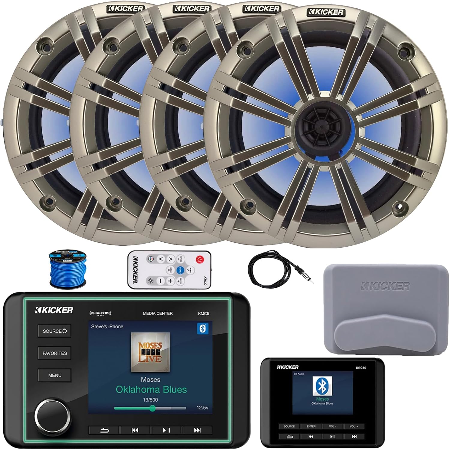 Kicker KMC5 3.5" LCD Display Marine Bluetooth USB/AUX WB AM/FM Radio Gauge Style Receiver W/Digital Controller, 4X 6.5 195 Watt Max RGB LED Speakers W/Silver Grille + LED Controller, Antenna, Wire