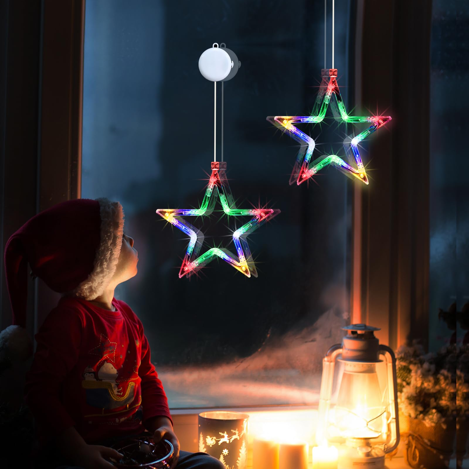 Qedertek Luci di Natale - 10 LED Tenda Luminosa, Tenda Luci Natalizie a Batteria, Colorate, Timer, Luci Natale Decorativa per Albero di Natale, Finestra, Porta, Matrimonio, Bar (2Pcs)