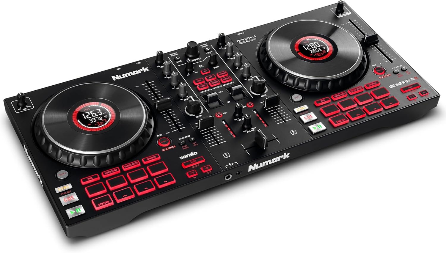 Numark Mixtrack Platinum FX - DJ Controller Pult mit 4-Deck Kontrolle, integriertem Audio Interface, Jogwheel-Displays und Effektpaddeln
