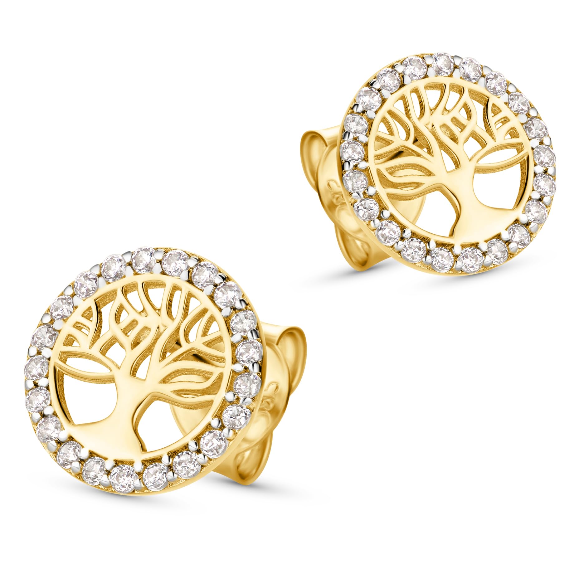 Zarte 14 Karat 585 Kleine Lebensbaum Ohrringe Gelbgold Mit Zirkonia Steinen