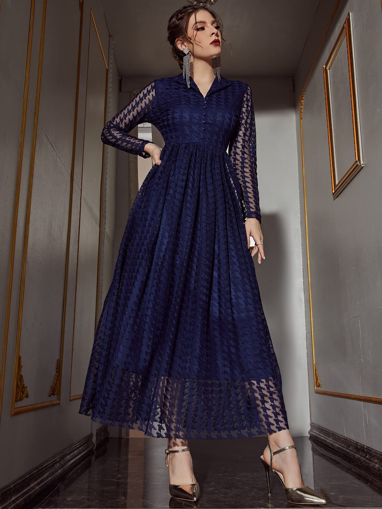 Amazon.com: Women's Dresses Houndstooth Pattern Single Breasted Lace Dress  Dress for Women (Color : Navy Blue, Size : Large) : Clothing, Shoes &  Jewelry