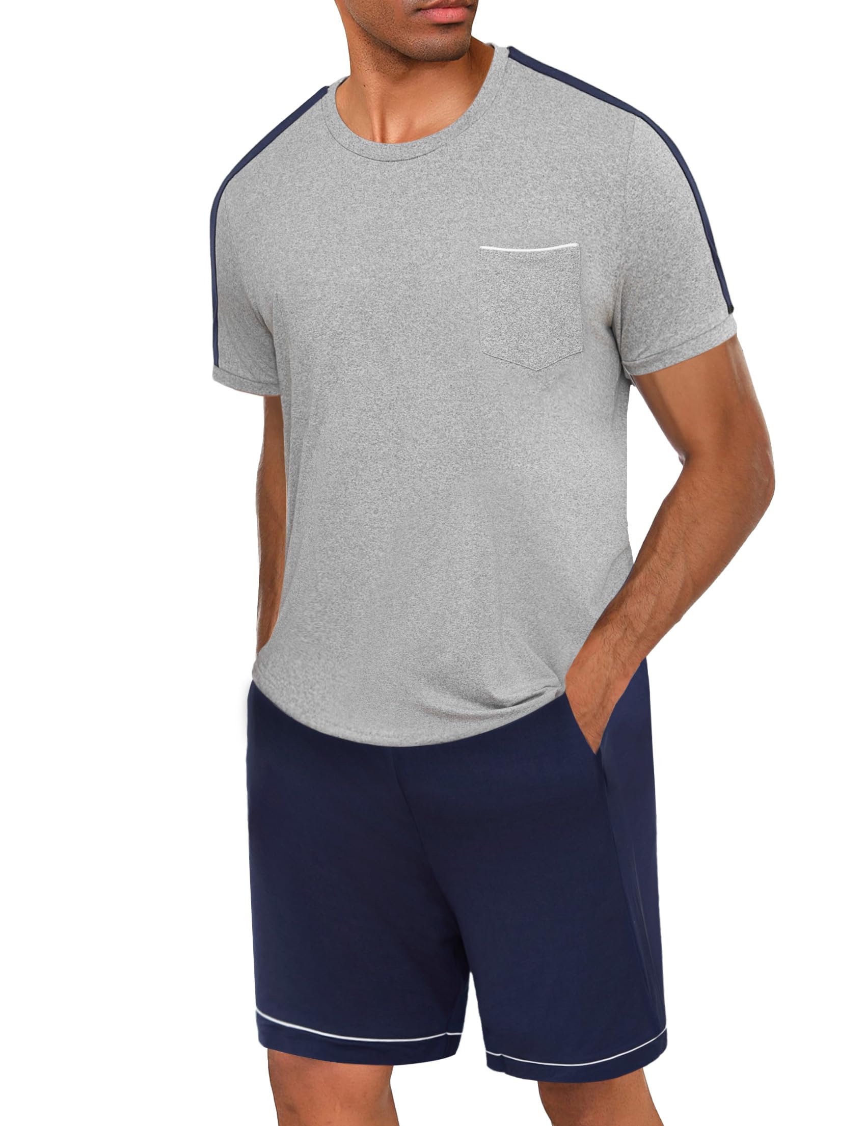 Schlafanzug Herren Kurz Baumwolle Zweiteiliger Pyjama Kurzarm mit Rundhalsausschnitt Schlafanzüge Männer in Kontrastfarbe Nachtwäsche Loungewear Sommer