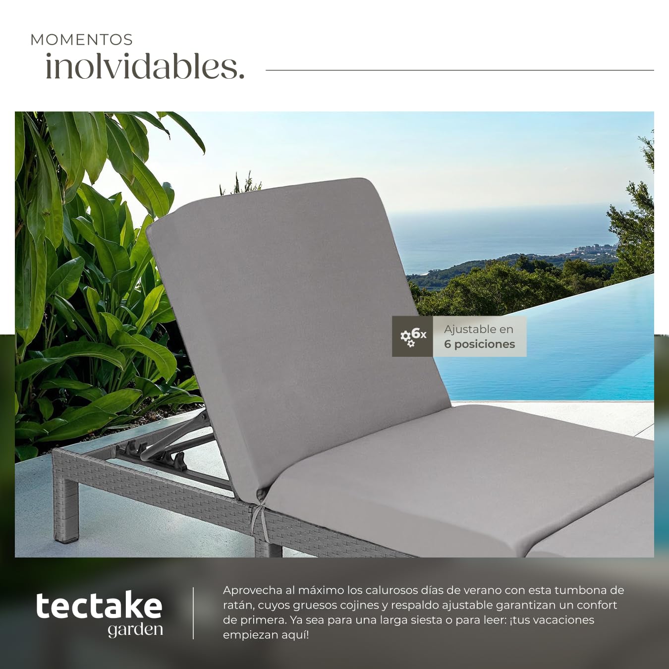tectake® Tumbona Jardín Exterior de Ratán y Acero con Cojines, Tumbona de Piscina con Respaldo Regulable en 6 Posiciones, Tumbona de Playa Estable y Resistente a Intemperie, Fácil Limpieza - Gris