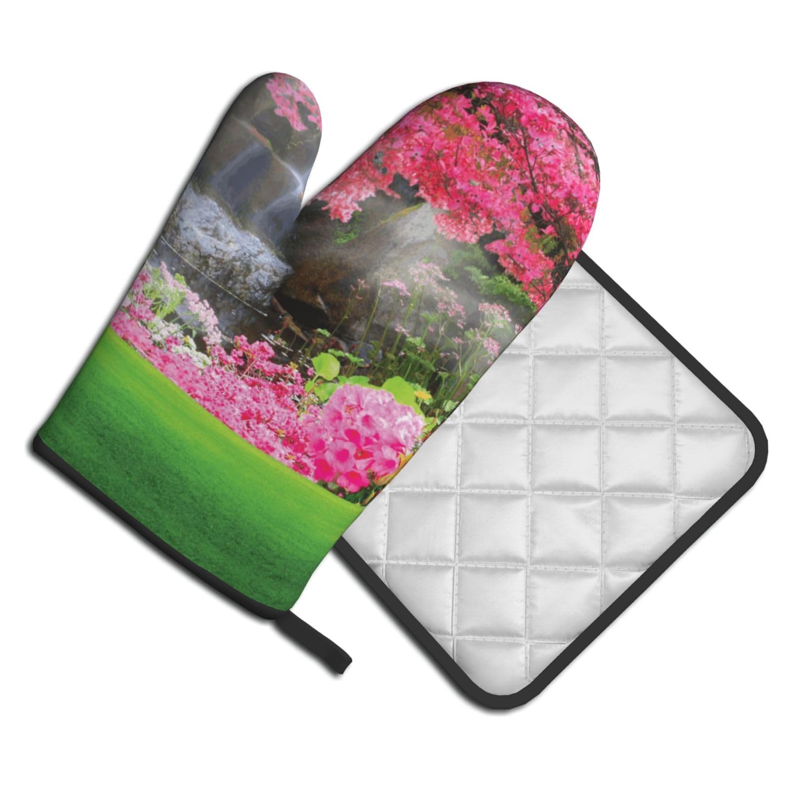 Oven Mitts and Pot Holders Set of 2 Pcs, Spring Scenery Printed Heat Resistant Kitchen Gloves Potholders for Cooking Baking Grilling