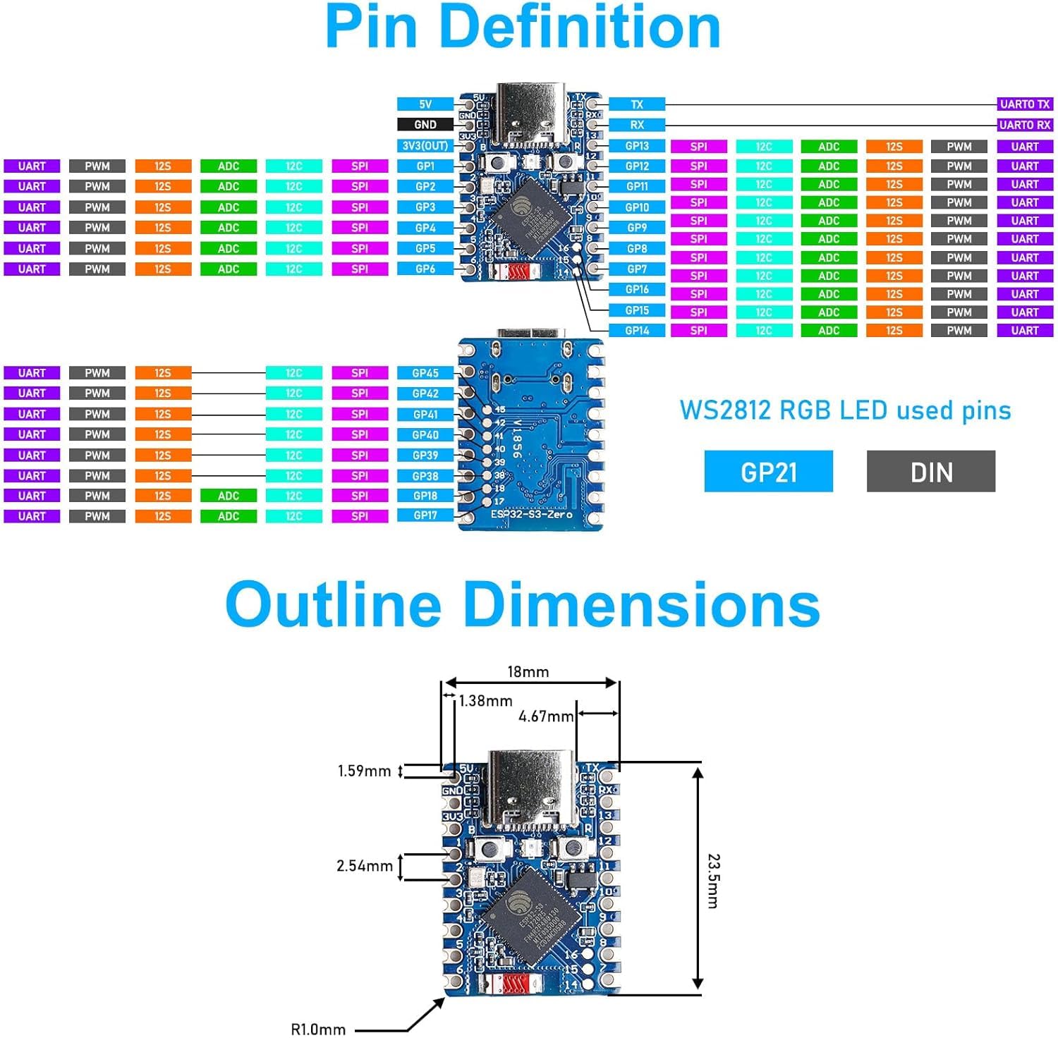Zestaw 2 Kart Rozwojowych ESP32 ESP32-S3 opartych na ESP32-S3FH4R2 Dual-Core WiFi + Bluetooth, Mini Karta rozwojowa do projektów programistycznych
