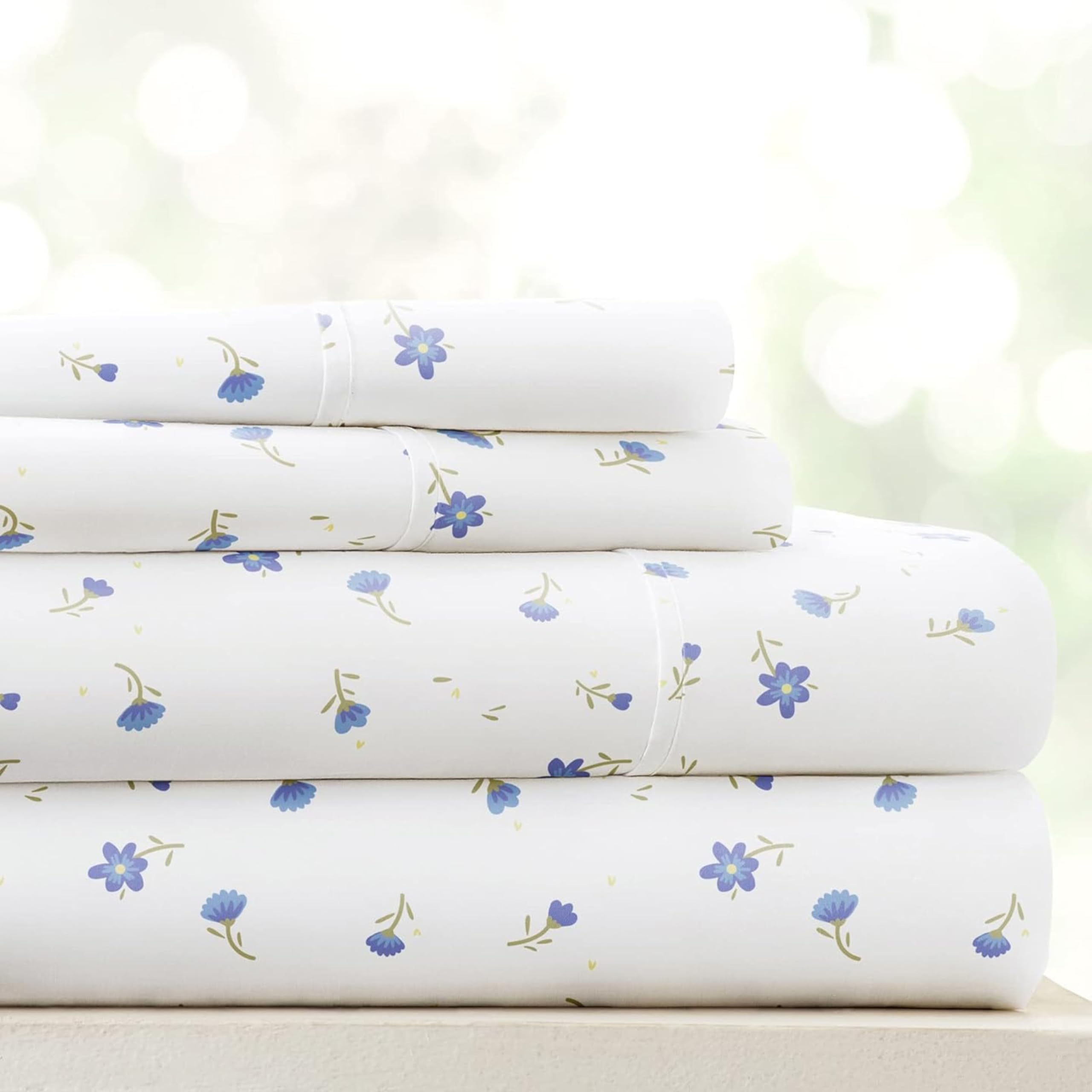 linen market double-brushed patterned microfiber queen sheet set 4 piece  oeko-tex certified ultra soft amp wrinkle-free - 1634 deep pocket sheets - easy care queen size - soft floral light blue