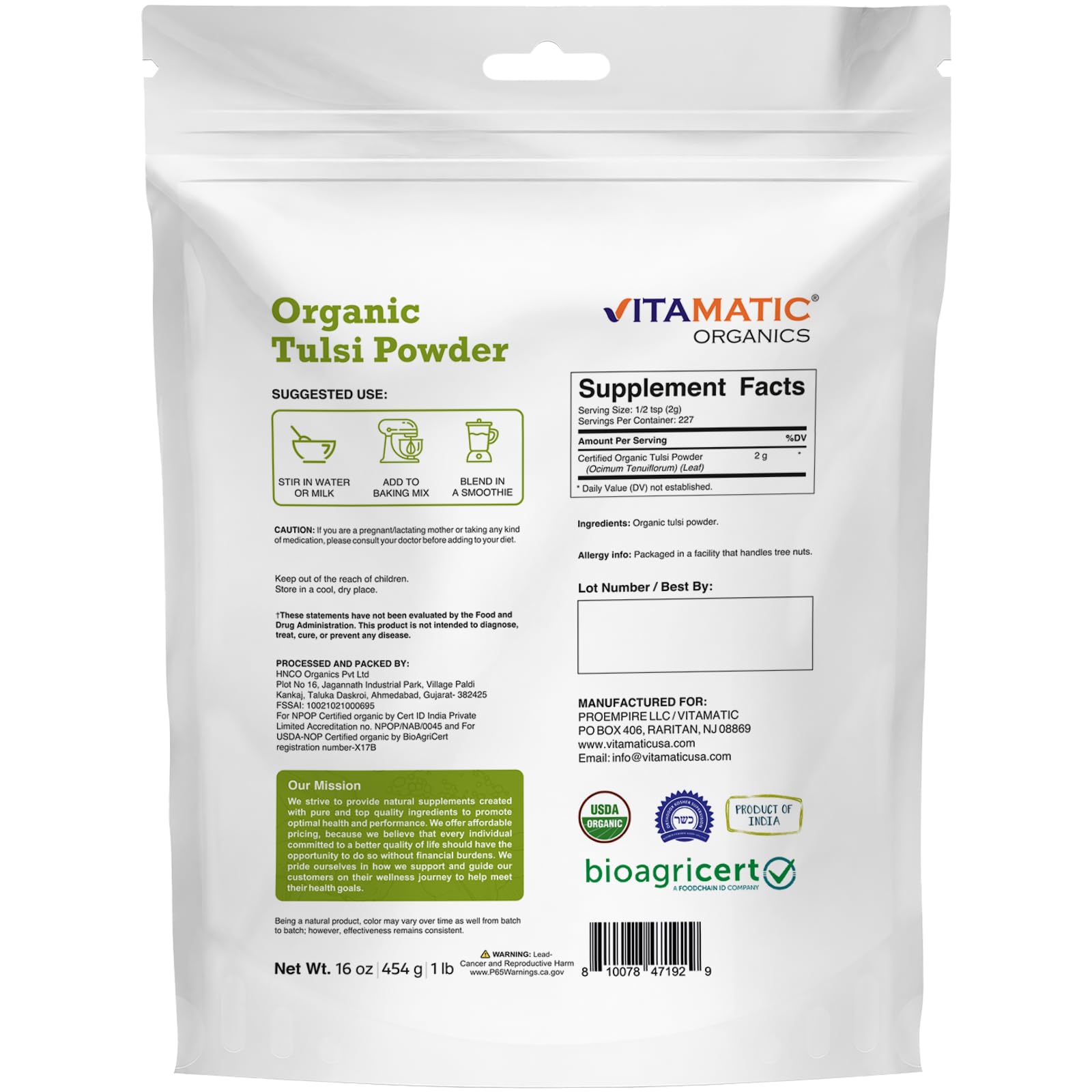 Vitamatic Certified USDA Organic Tulsi (Holy Basil) Powder – 1 Pound (16 Ounces) – Adaptogenic Herb for Stress, Immunity & Overall Wellness — Amazon image 9