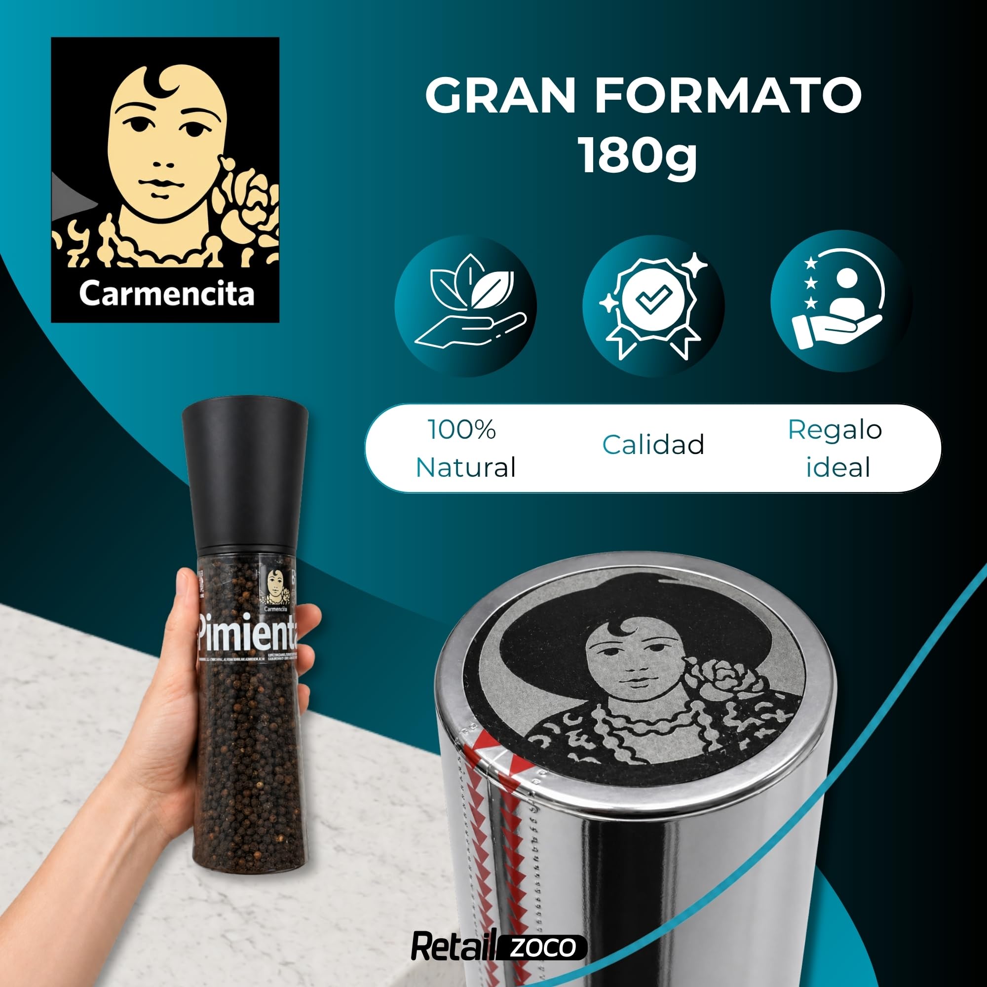Pimienta Negra Carmencita en grano, Formato molinillo gigante, Para moler al momento y potenciar el sabor debplatos con un toque aromático, cálido y ligeramente picante, Contiene 2 unidades de 190 g