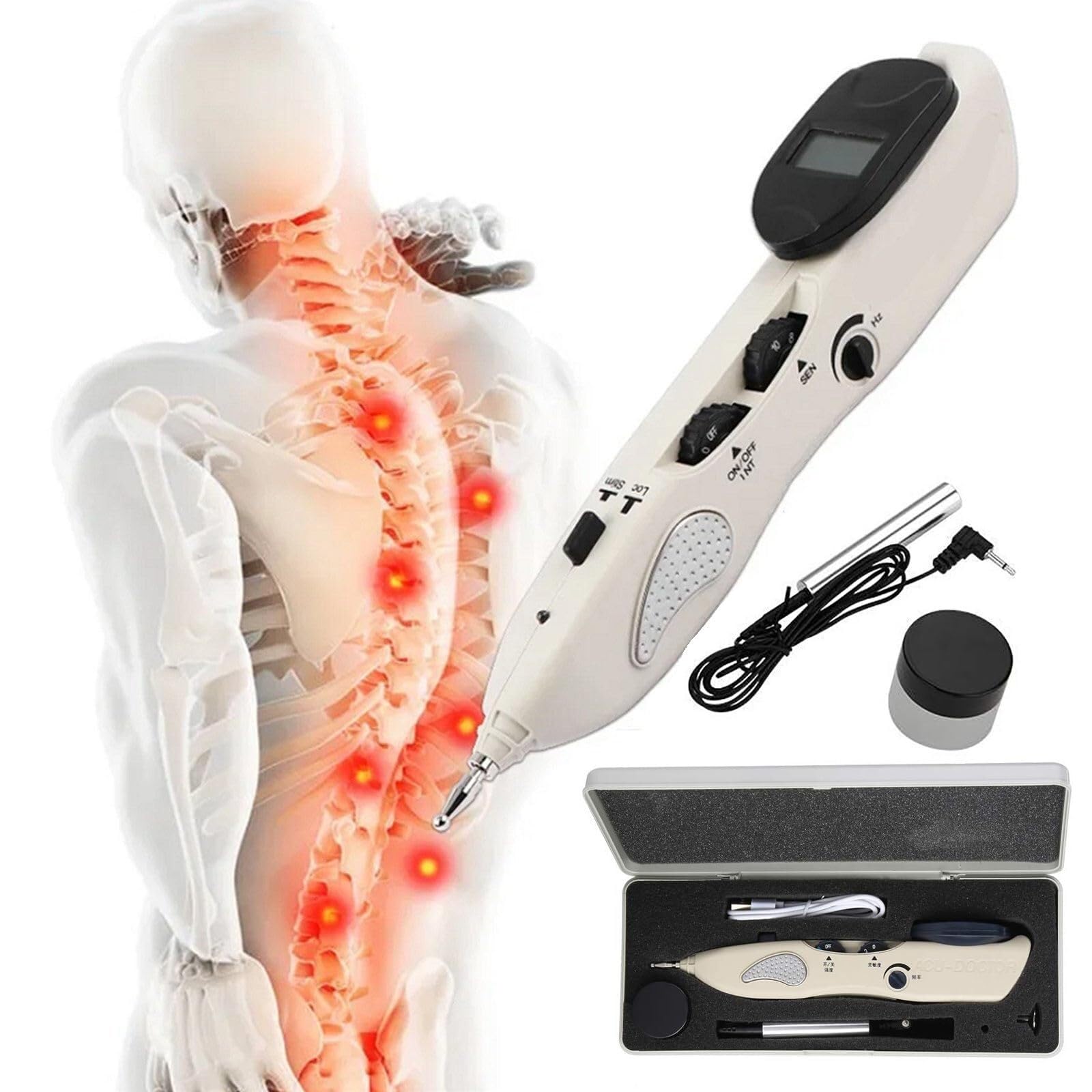 Detección automática de Puntos de acupuntura, 10 intensidades + 10 sensibilidades, frecuencia de Pulso: 1-23 Hz (Ajustable), con 3 sondas de Masaje, Recargable.