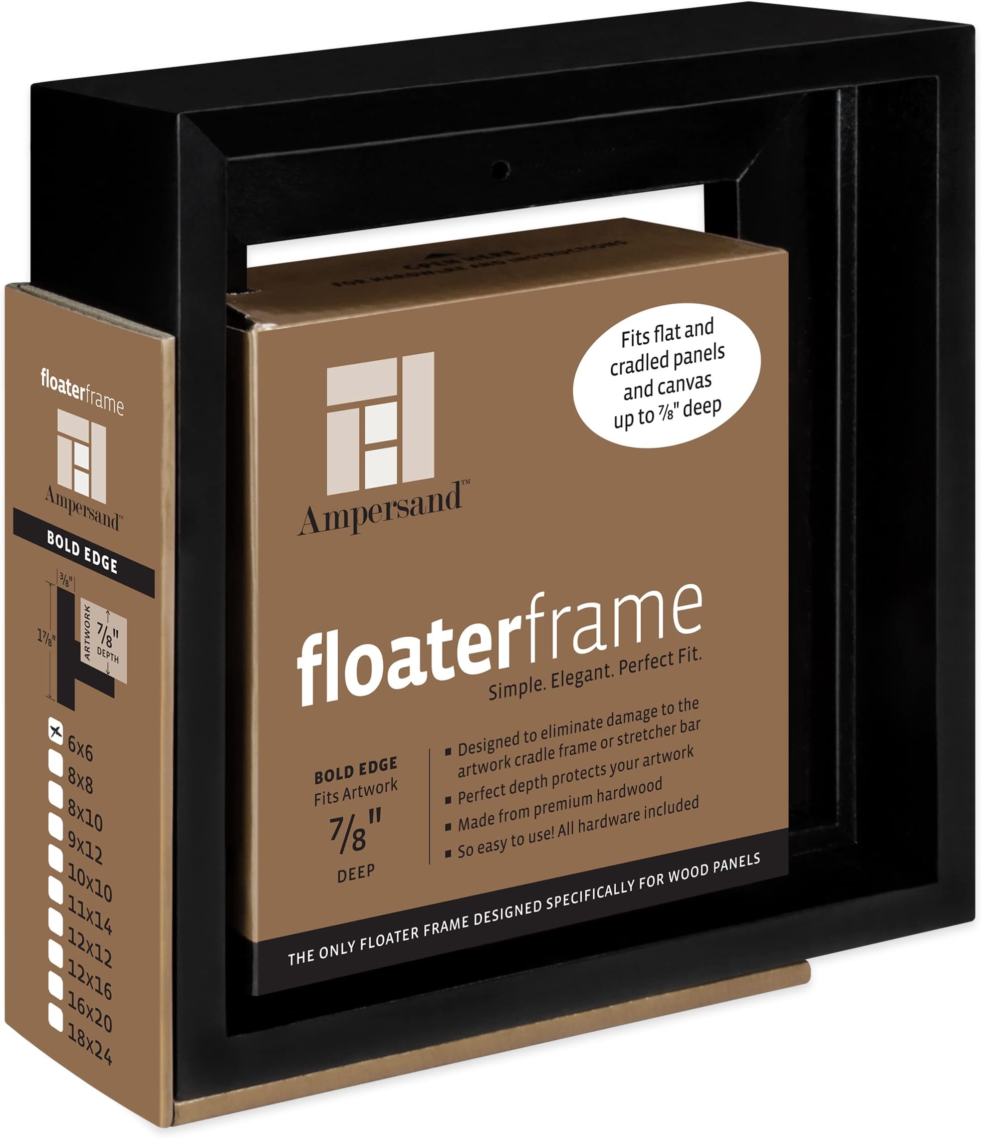 Ampersand Art SupplyFloaterframe Readymade Frame for Flat and 7/8" Deep Wood Panel and Canvas Artwork, Paintings, Prints, and More, 6"x6", Black Bold