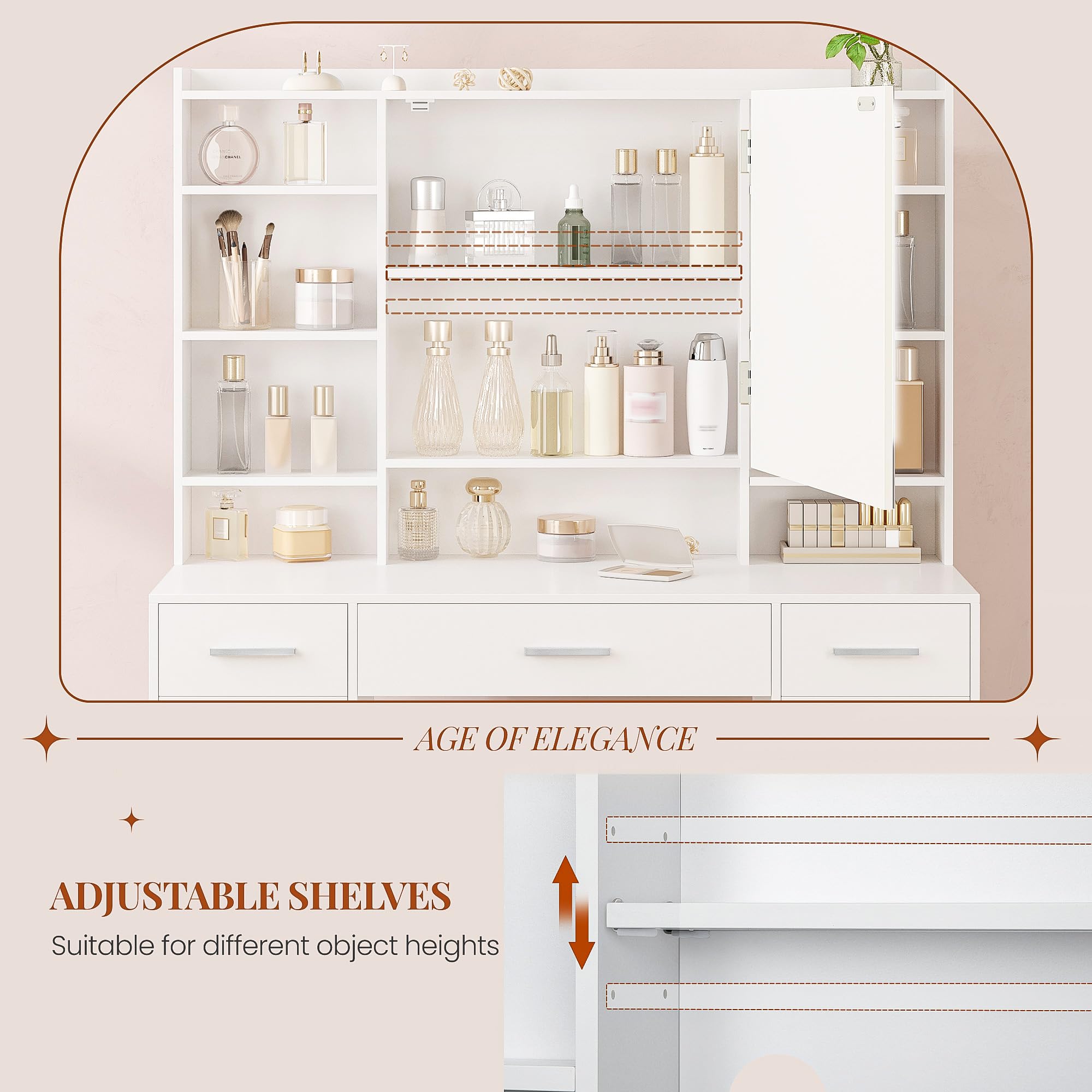 HEXCELEN 108 cm Tocador con Espejo y Luces LED con Brillo Ajustable Blanco | Mesa de Maquillaje con 5 Cajones, 2 Armarios y 9 Compartimentos Abiertos, Tocador de Maquillaje