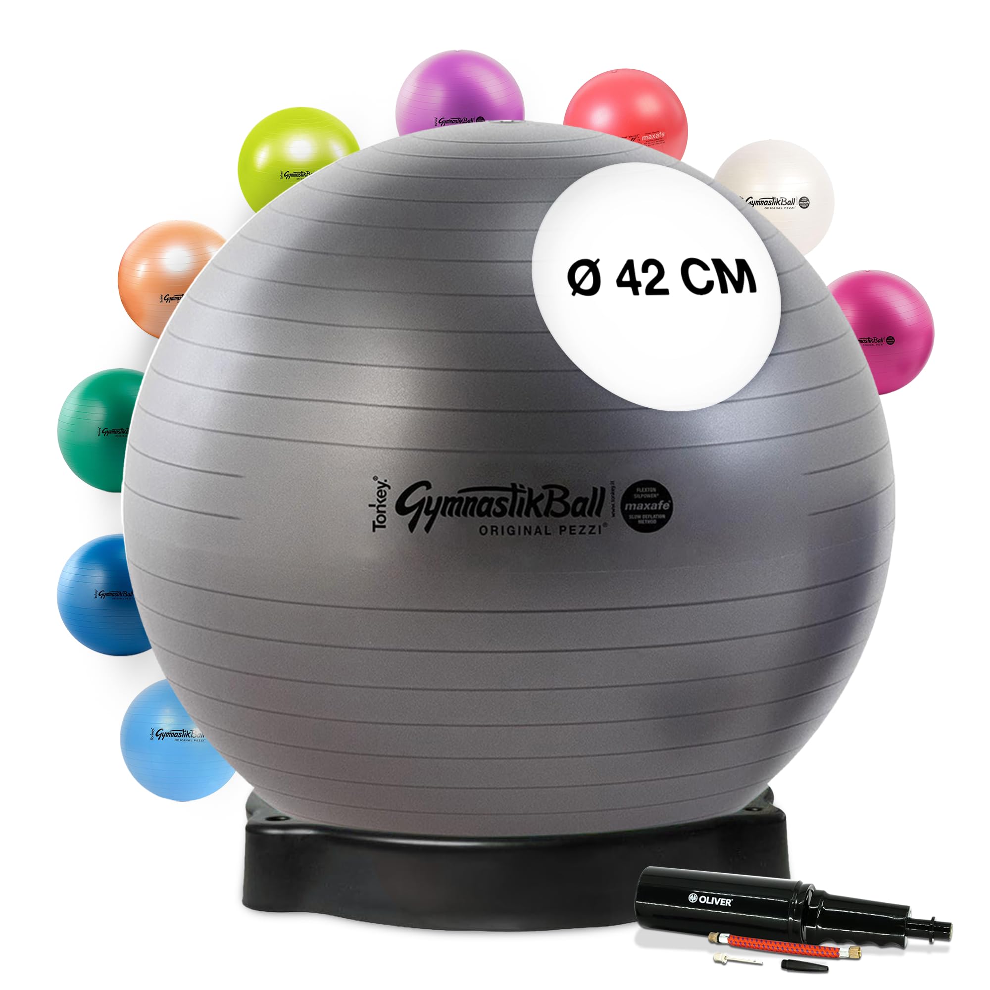 Original Pezziball MAXAFE 42 cm anthrazit m. Ballschale & Pumpe Gymnastikball