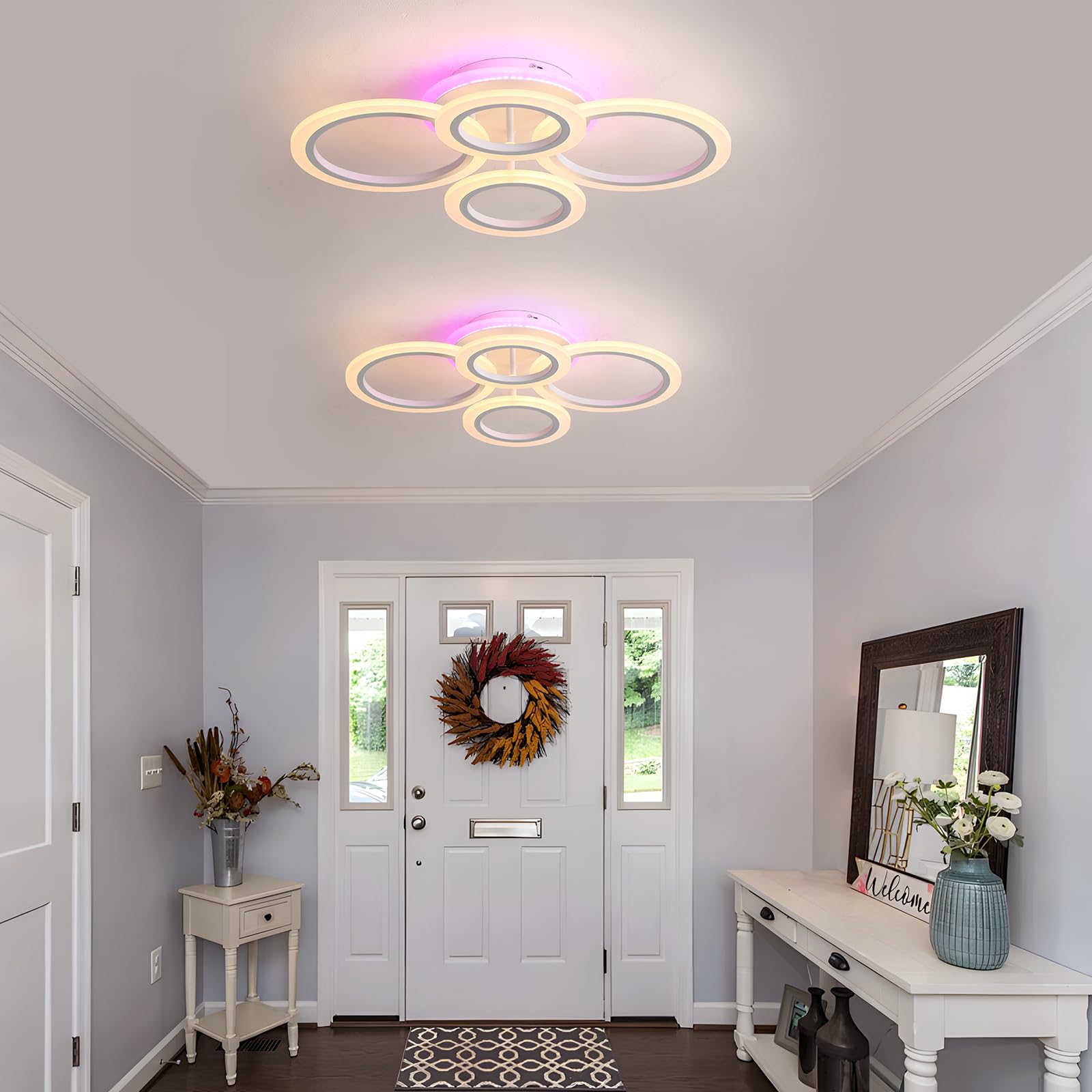 Plafoniera LED Soffitto 50W, 4 Anelli Dimmerabile con Telecomando | 3000-6000K, luce ambiente rosa/viola/blu, 3000LM, memoria, 10-100%, per soggiorno, camera da letto, cucina e sala da pranzo