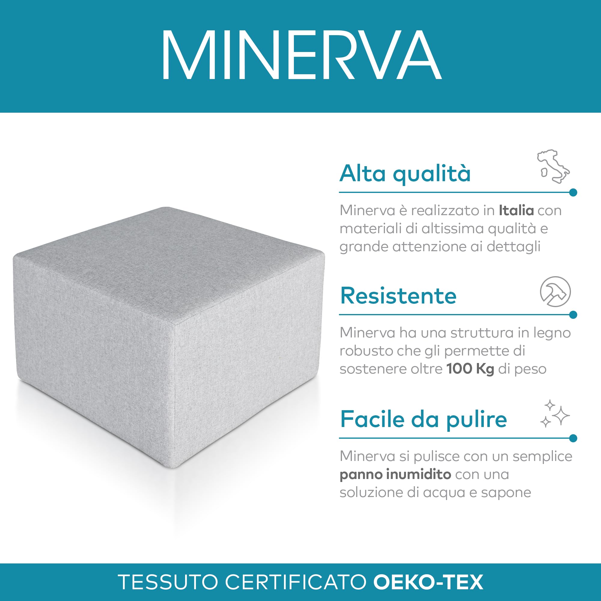 Deshome Pouf hocker Fußstütze 63x63x44 cm Wasserabweisender Stoff: Modernes Design Pouf für Sofa Wohnzimmer Schlafzimmer, Puff hocker, Pouffe Minerva Grau