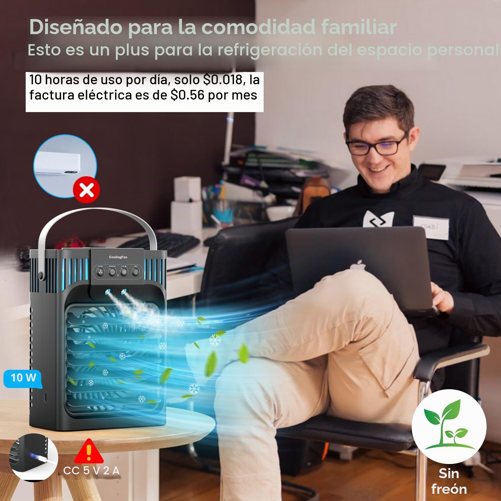 Aire acondicionado portátil con mando a distancia, silencioso con 3 velocidades, ventilador de refrigeración de 1200 ml, ventilador de aire personal con 3 nieblas, 7 luces nocturnas, temporizador de 8