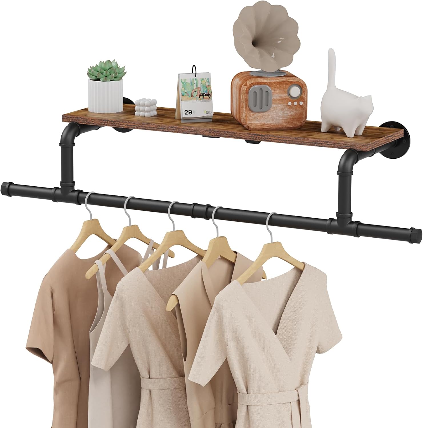 Wall Mounted Garment Rack with Top Shelf, Space Saver Industrial Pipe Clothes Rack, Heavy Duty Iron Shelf with Hanging Rod, 37.6×10.2×5.9 Inch, Black