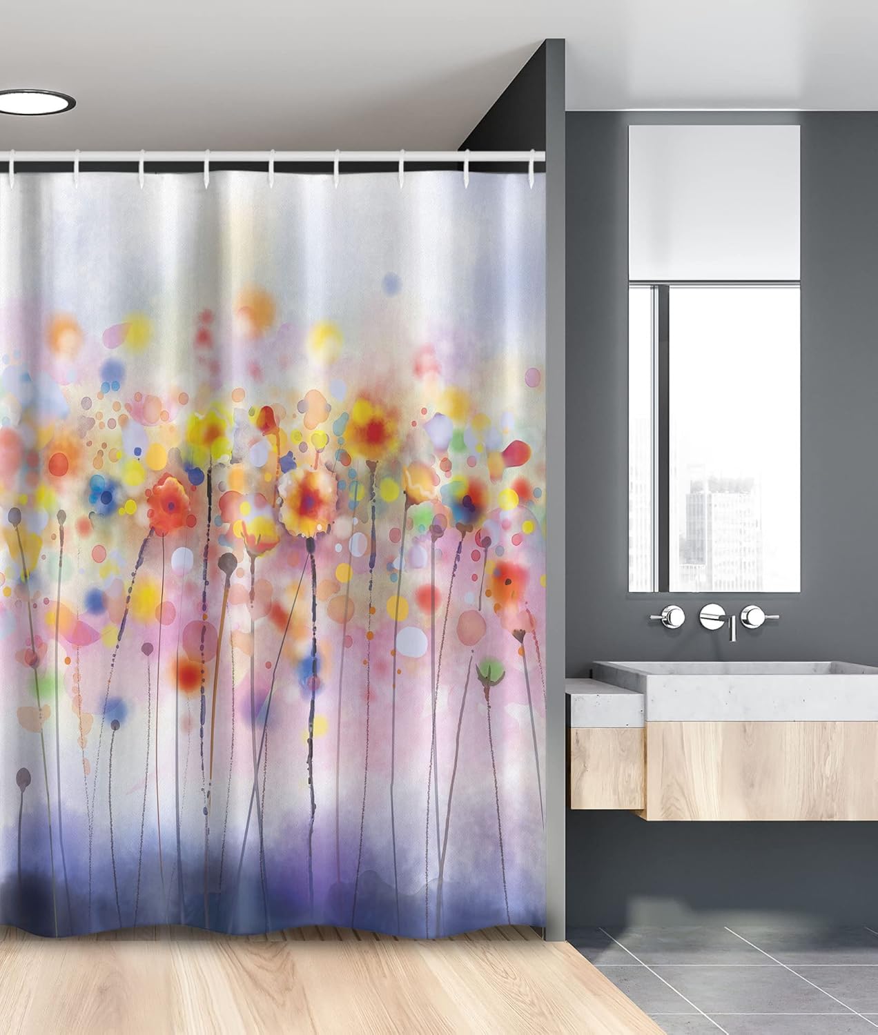 Ambesonne Watercolor Flower Stall Shower Curtain, Flowers in Soft Colors Dreamy Abstract Colorful Blurred Display, Fabric Bathroom Decor Set with Hooks, 54" W x 78" L, Orange Purple