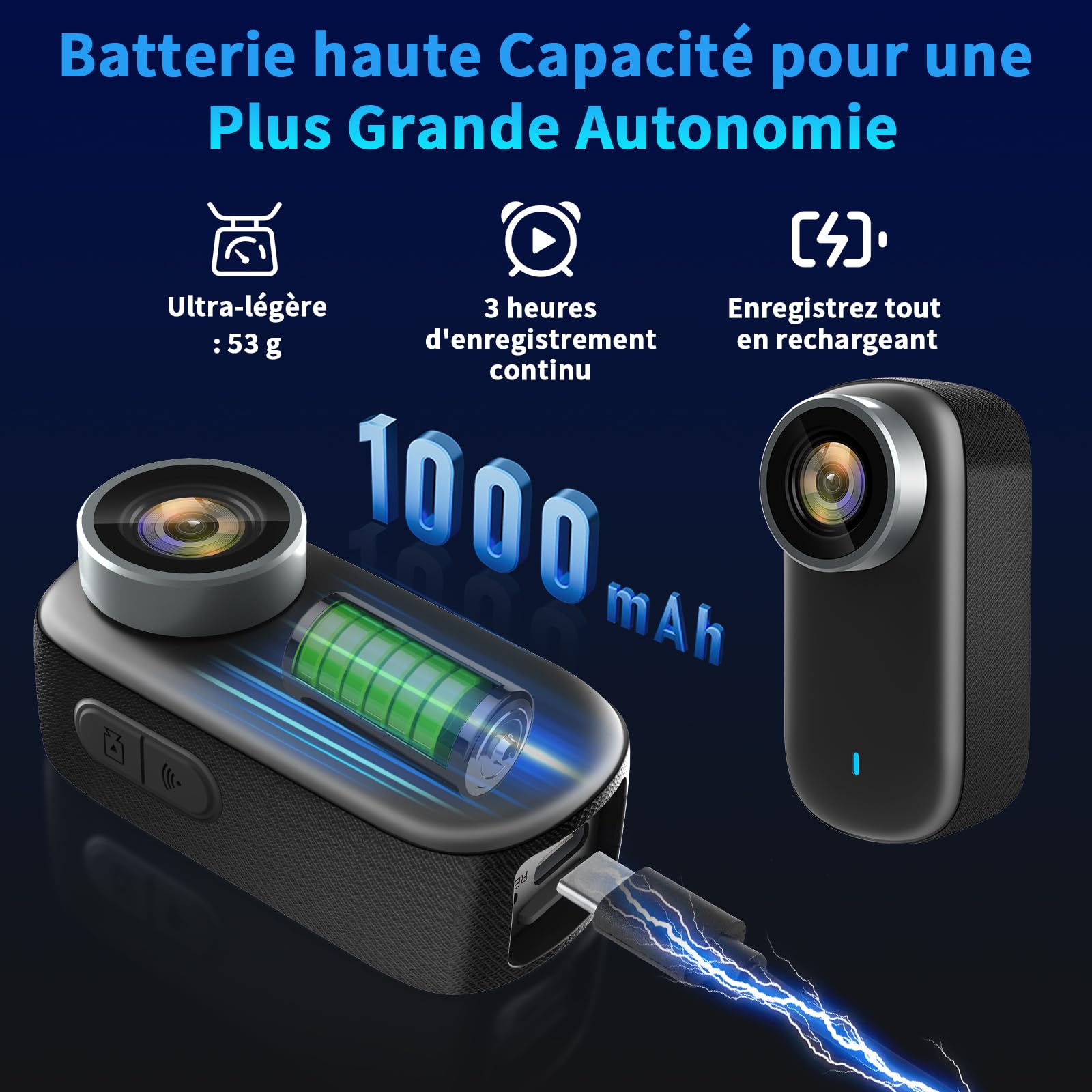 Caméra d'action WiFi 4K Étanche 150° Sportive avec Écran 1.3 Pouce et Batterie 3 Heures - Noir