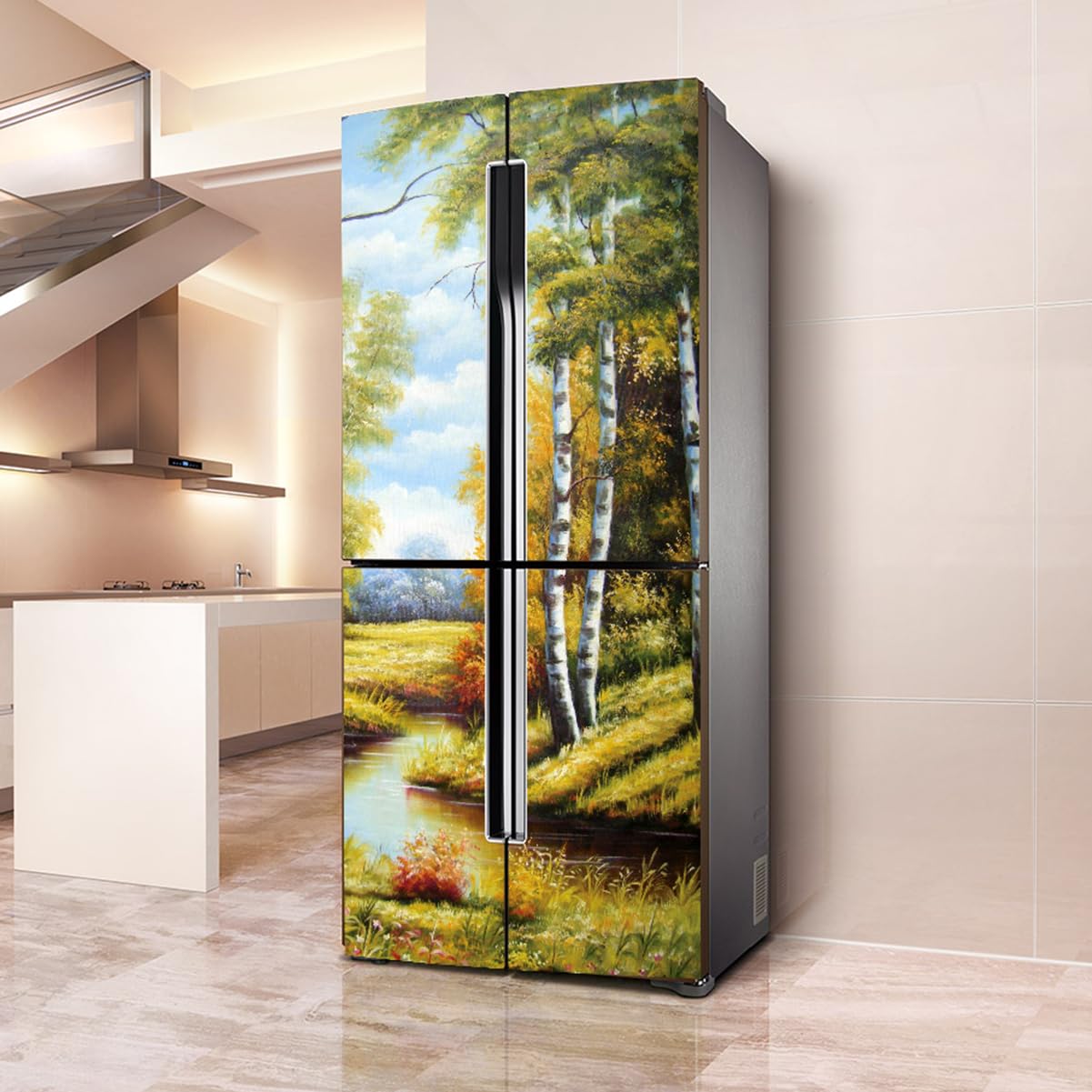 VHcgCGJ Fridge magnet, Full Covering, Freezer Skins Wall Stickers for Kitchen Decal, Village River Tree Landscape(L: 100x180 cm)