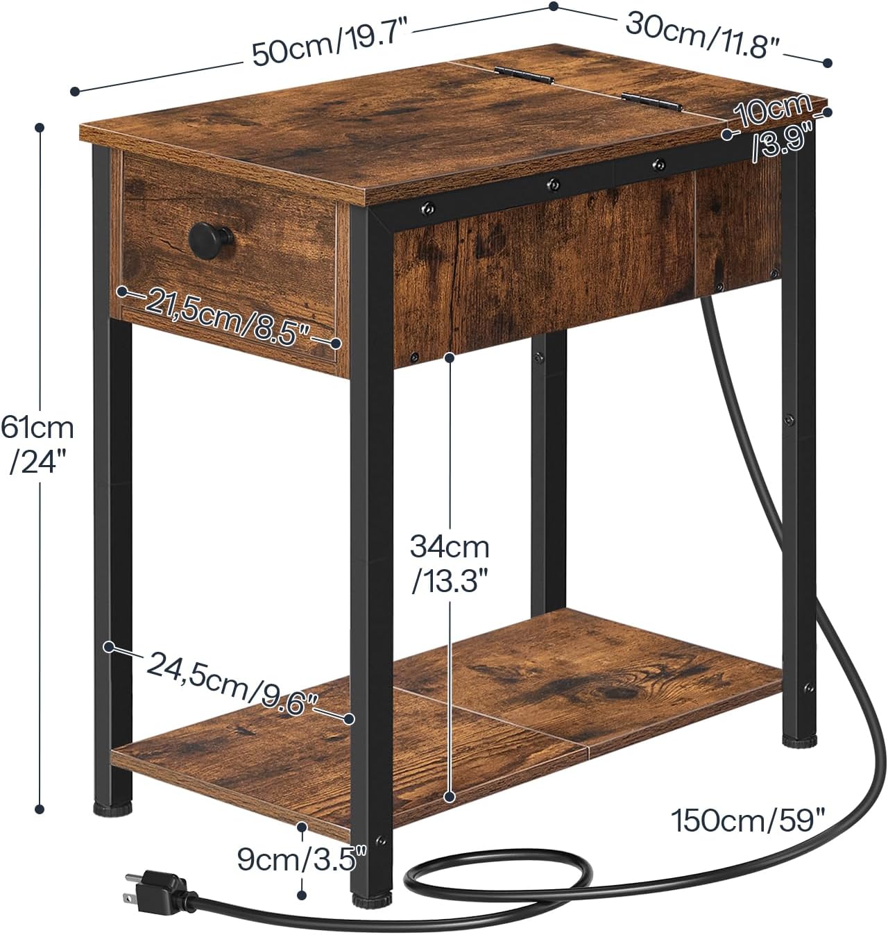 HOOBRO End Table with Charging Station, Narrow Side Table, Small Nightstand, Bedside Tables with Drawer and Storage Shelves, for Small Spaces, Living Room, Bedroom, Rustic Brown and Black BF041BZ01G1