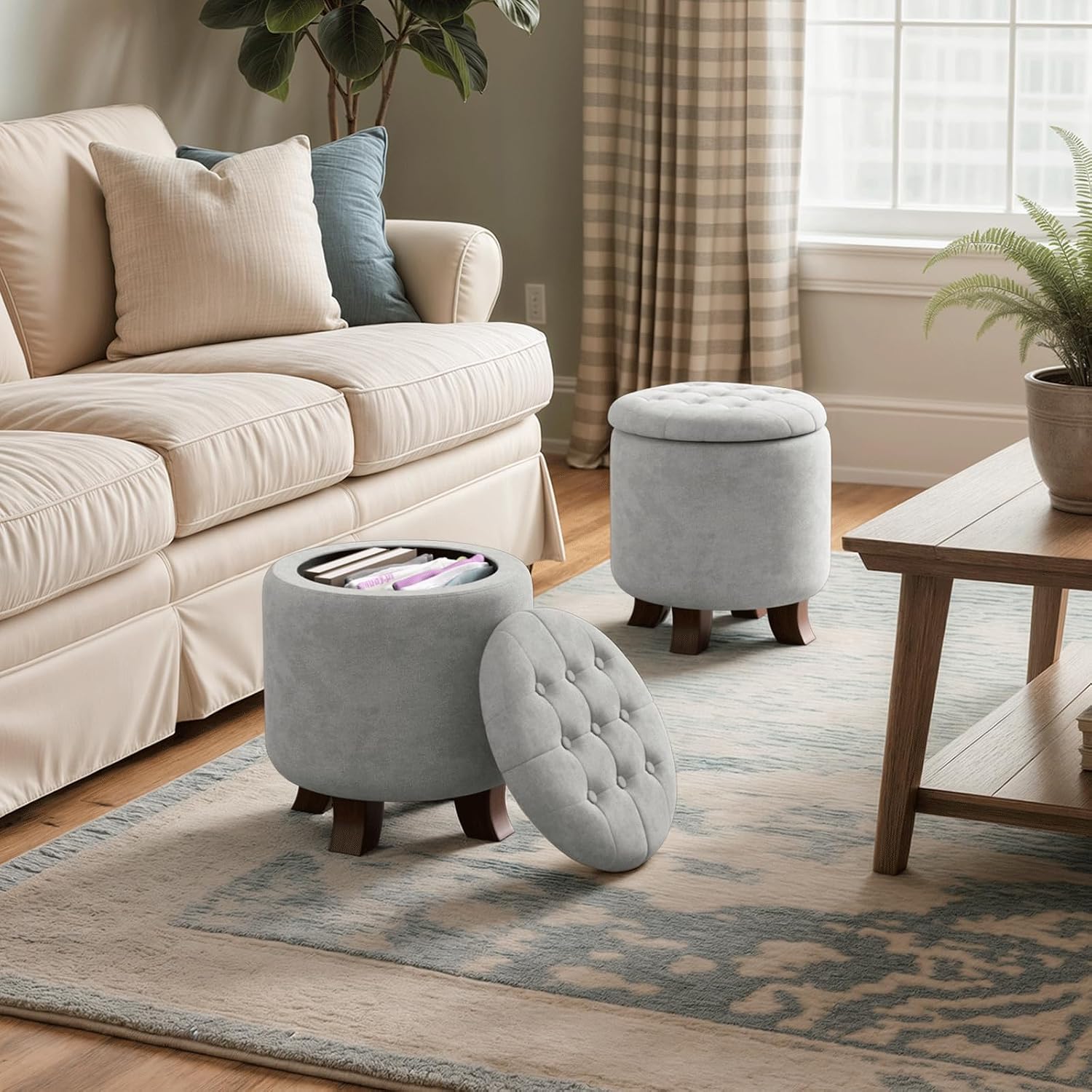 Magshion Round Ottoman, Ottoman with Storage, 15.5 Dia. x 17 H Inches Foot Rest Stool with Legs for Bedroom, Living Room, Decorative Home Furniture, Light Gray