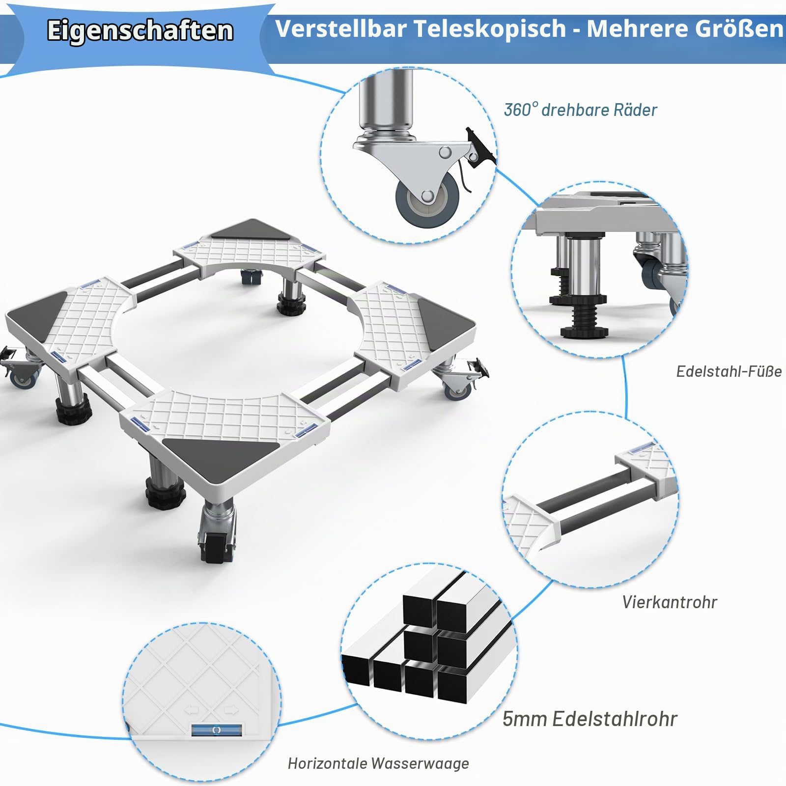 DEWEL Waschmaschine Sockel Untergestell mit Rollen 14cm, 4 Füße + 8 Rohre