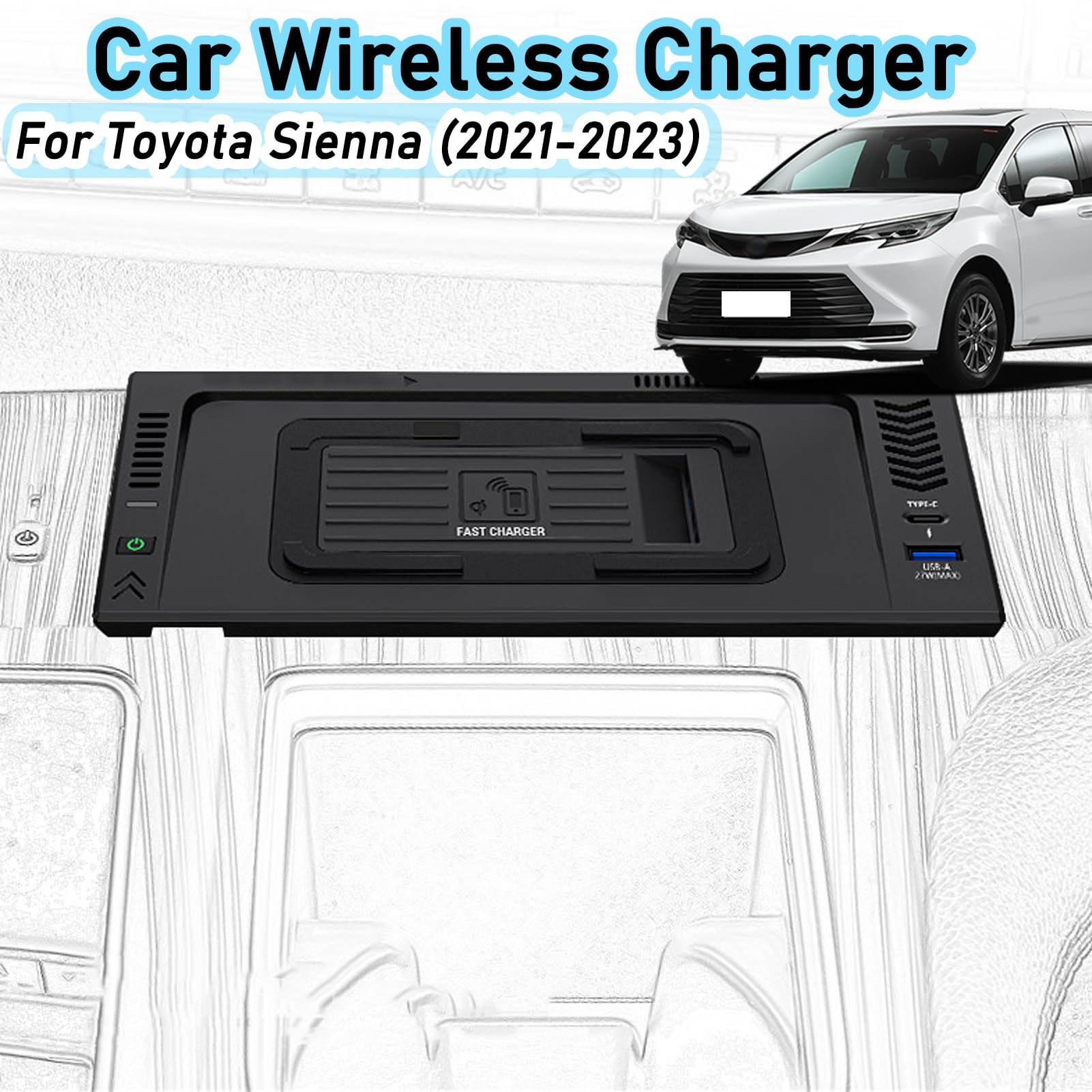 Caricabatterie Wireless per Auto per Sienna Tutti i Modelli Accessorio con 15 W Wireless e 27 W USB Qc3.0 + Type-C Ricarica Rapida Regalo per la Famiglia