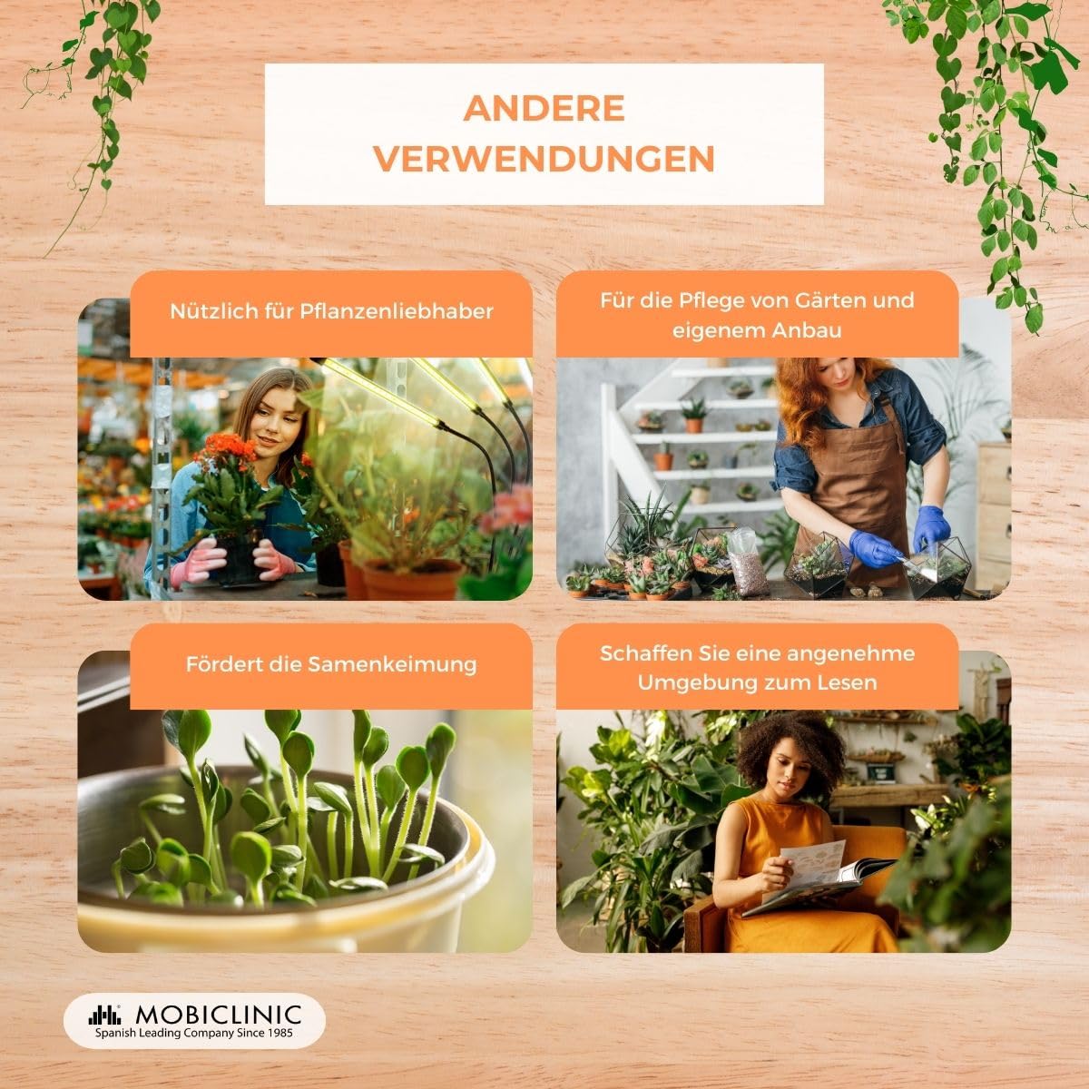 Mobiclinic®, Pflanzenlampe, Led, Growflex, 3 modi, 6000k, 10 helligkeitsstufen, Vollspektrum, Europäische marke, Timer, 360° rotation, 40w, Flexibel, Zimmerpflanzen, Usb, Grow lampe (4 köpfe)