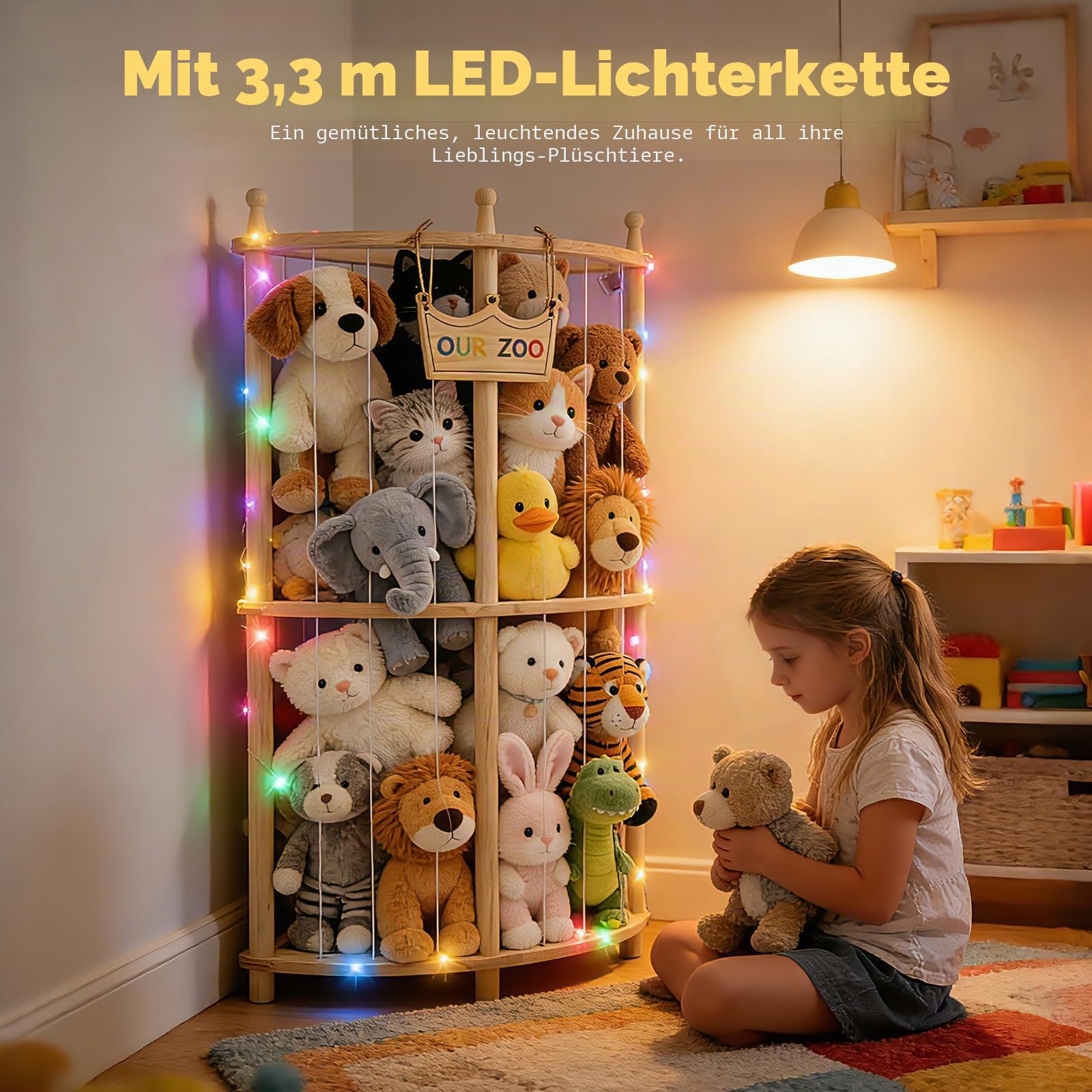 Ecke Holz Kuscheltier Aufbewahrung, FSC Robuste Stofftier mit Lichterkette, Stofftier Aufbewahrung für Spielzimmer Kinderzimmer Schlafzimmer Wohnzimmer 96 * 44cm