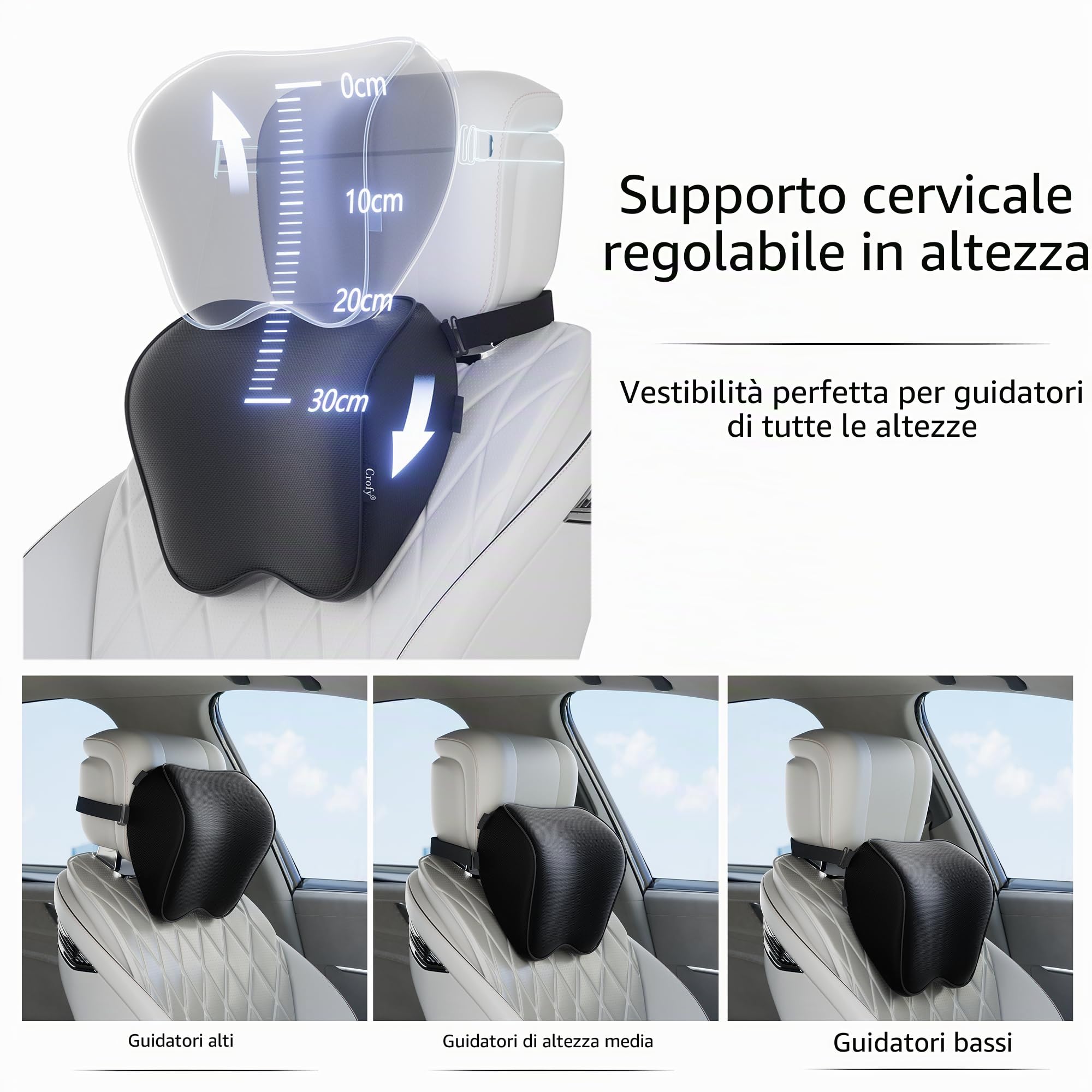 Crofy Set di 2 Cuscini per il Collo per Auto – Morbido Poggiatesta per la Guida con Cinghia Regolabile, 100% Memory Foam e Fodera Traspirante Rimovibile, Design Ergonomico e Confortevole