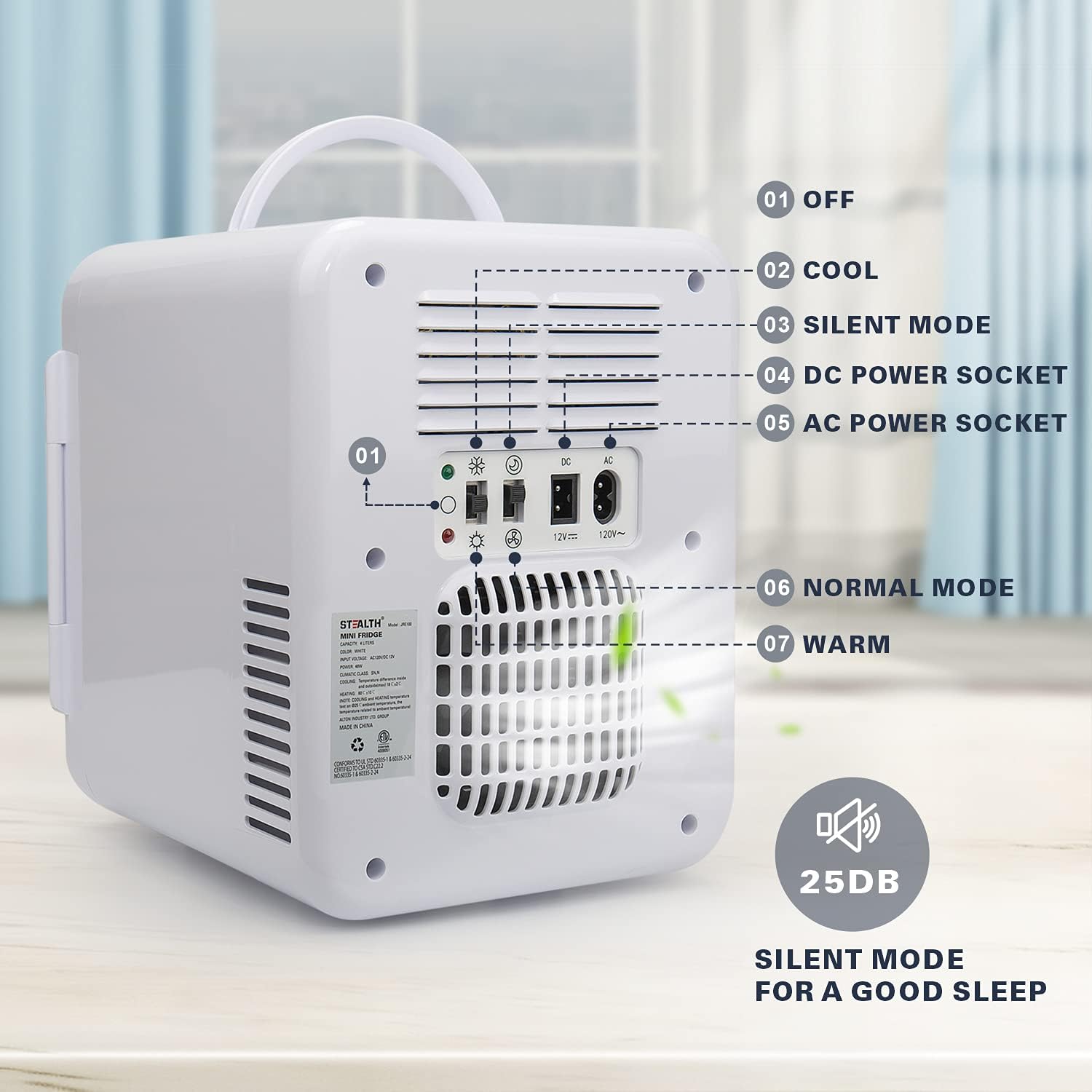 STEALTH JRE100 Mini Fridge for Bedroom, 4 Liter/6 Can Small Refrigerator, AC/DC Cooler & Warmer for Dorm Car Office, Portable Compact Skincare Fridge for Skin Care Cosmetic Makeup Beverage, White