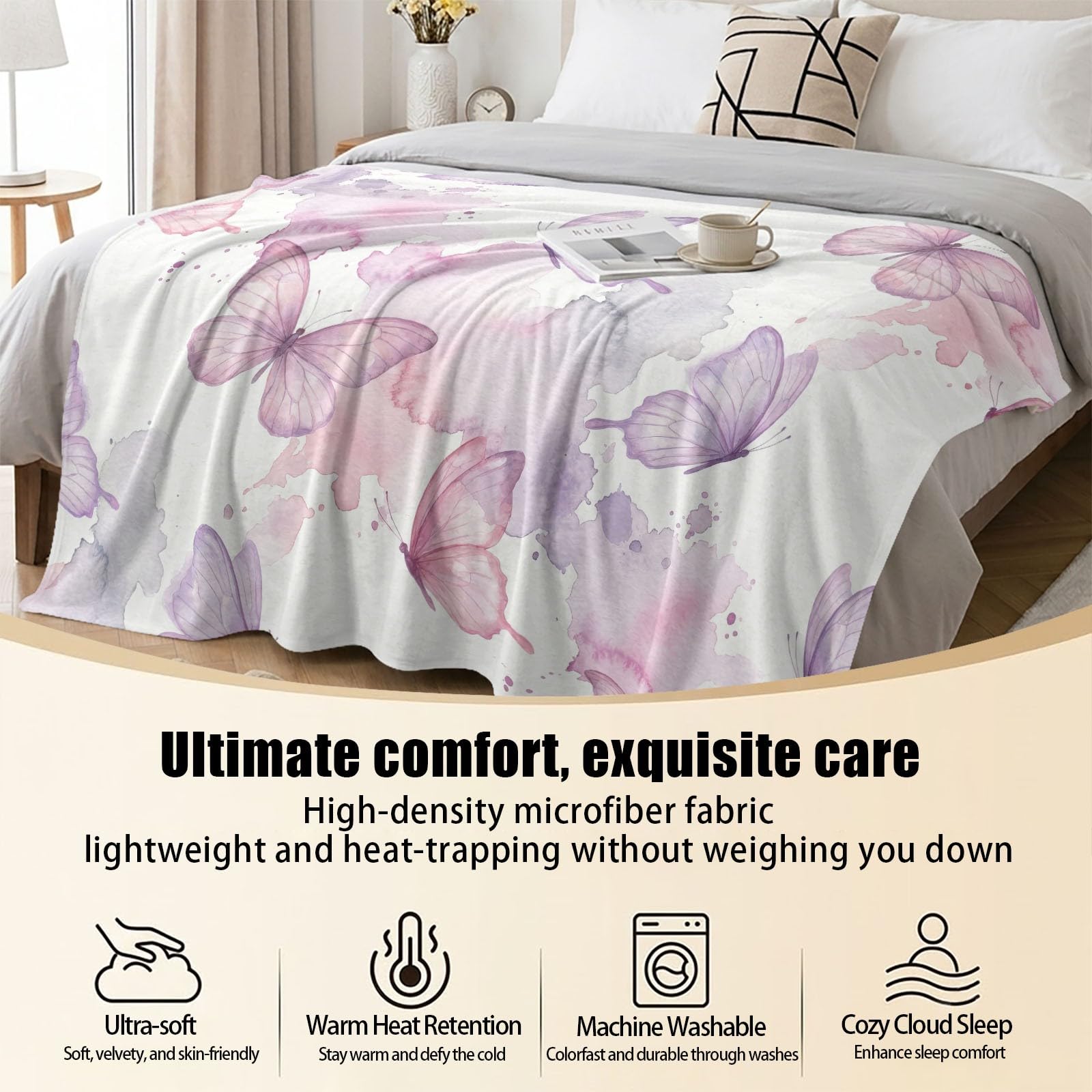 Dreamy - Coperta in pile di flanella, 200 x 220 cm, motivo acquerello con farfalle, a pois, per divano, letto, viaggi, stile nordico, soffice, lavabile, per ragazzi, ragazze e donne, idea regalo