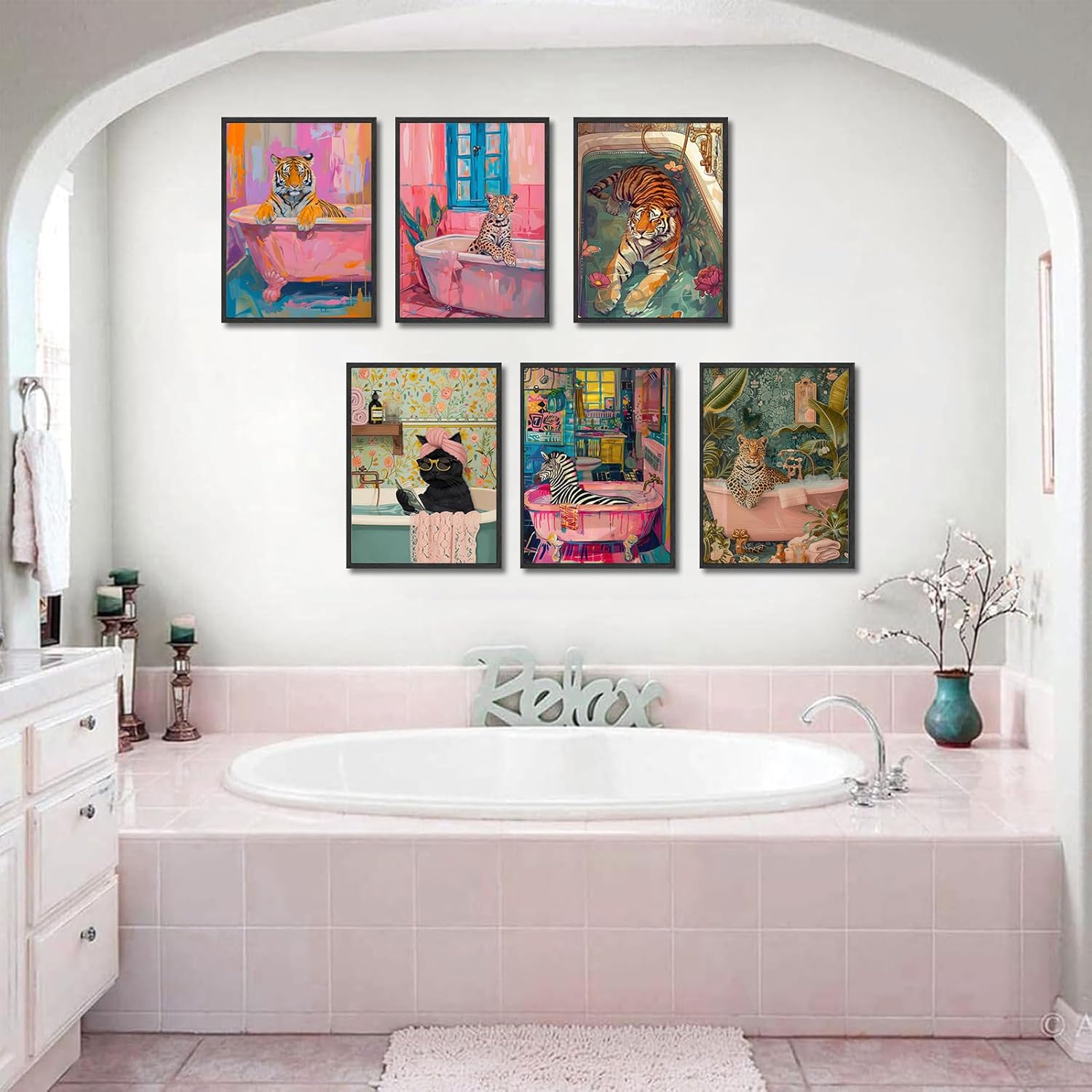 Funky Animals Bathroom Wall Art Set of 6 Eclectic Pink Tiger Leopard Cat Zebra in Bathtub Wall Decor Pictures Colorful Maximalist Fashion Feminist Dopamine Posters Prints Restroom Decoration (12x16in poster)