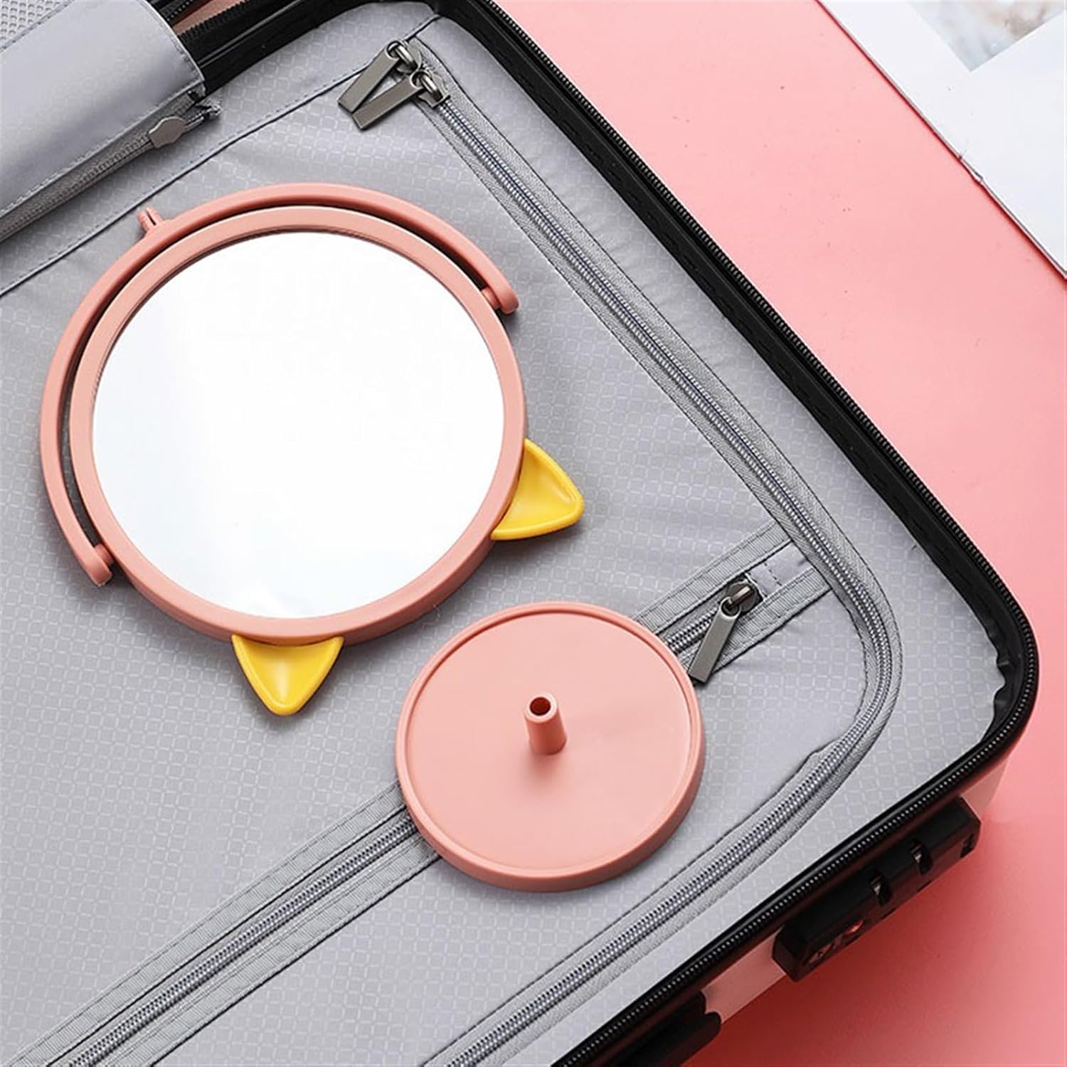 Mirror Cosmetic Mirror Home Use Small Desktop Can Stand Folding Bedroom Cute Cartoon Shape Beauty Bedroom(Pink) image 3