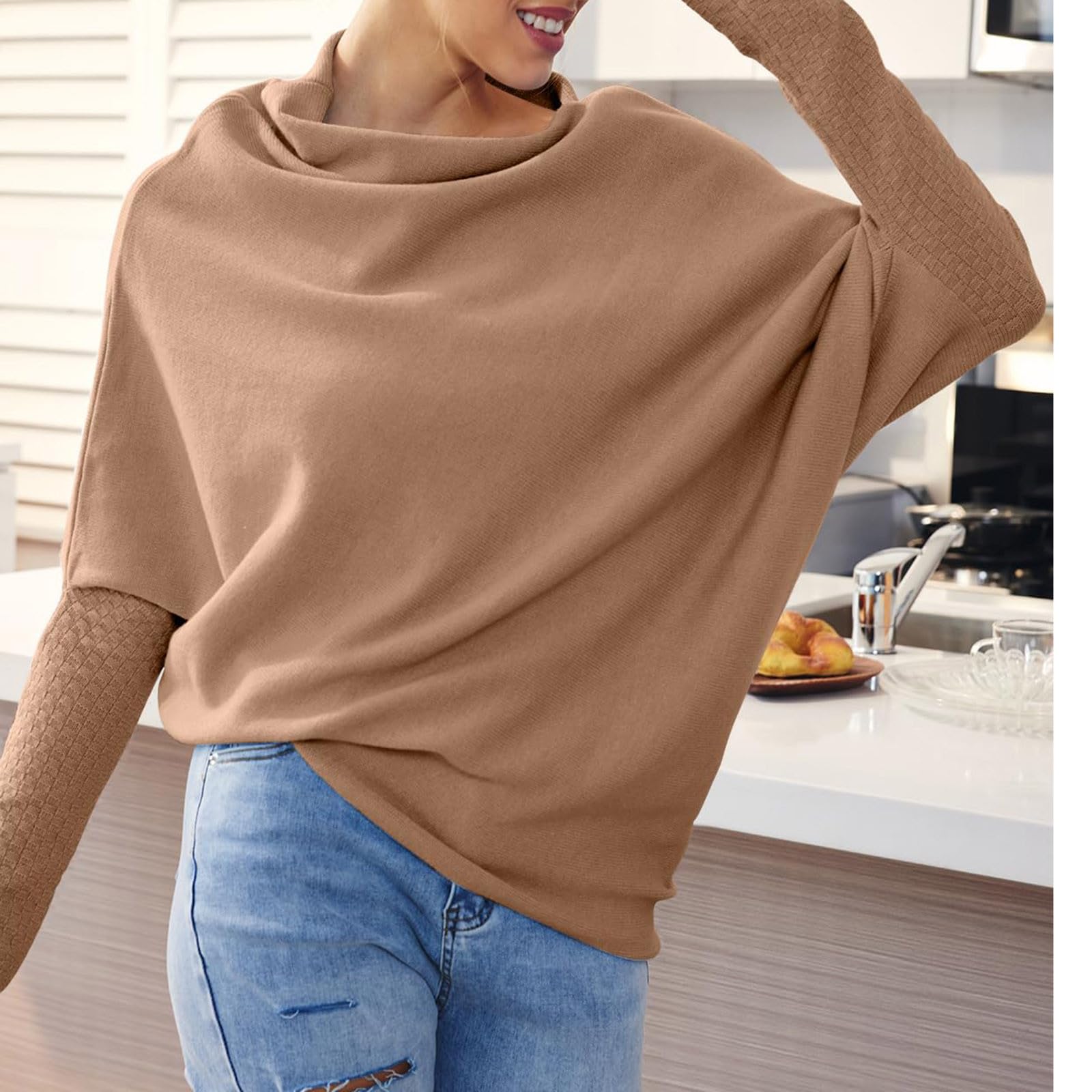 Saymany Pullover Damen Herbst Fledermausärmel Strickpullover Pullover Einfarbige Langarm Rundhals Oberteil Top Lockerer Strickpullover Knitted Basic Stretch Sweater Langarm Elegant Pulli Oberteile