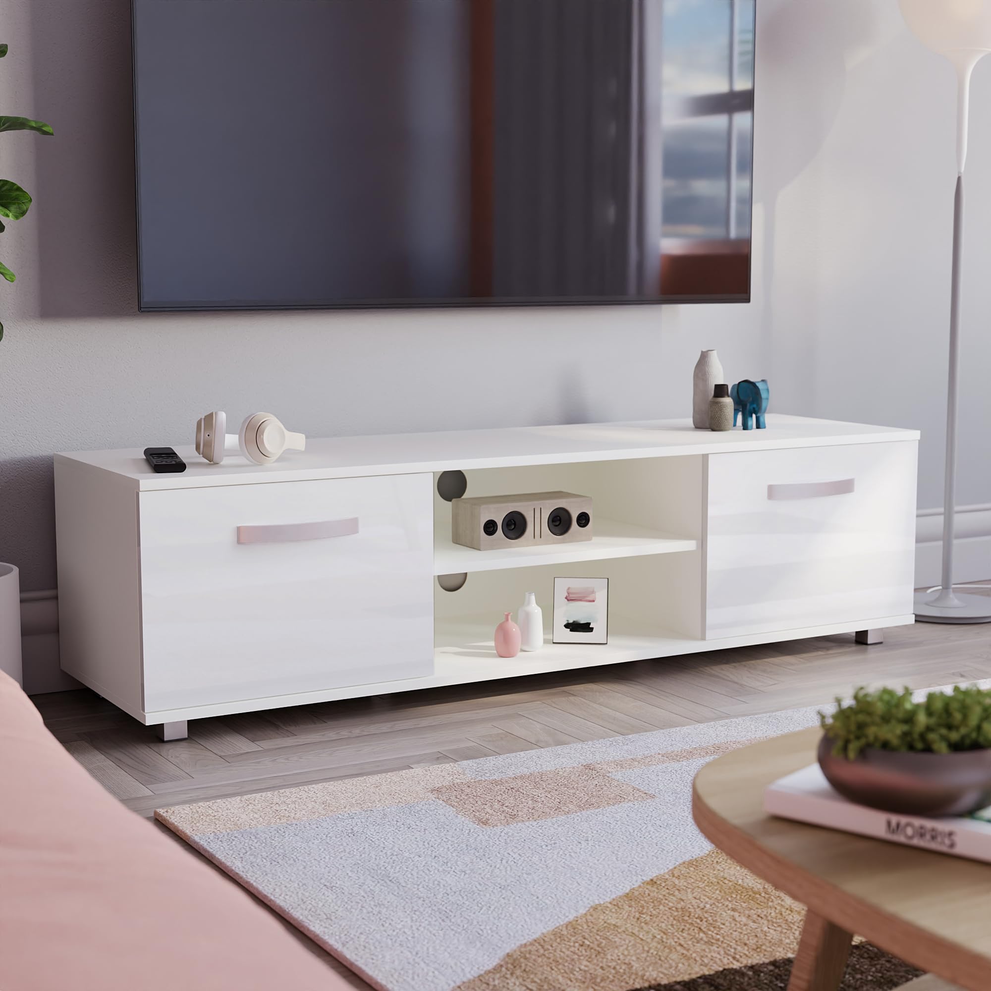 Meuble TV 140 cm Vida Designs Cosmo bas en bois blanc pour rangement de salon moderne