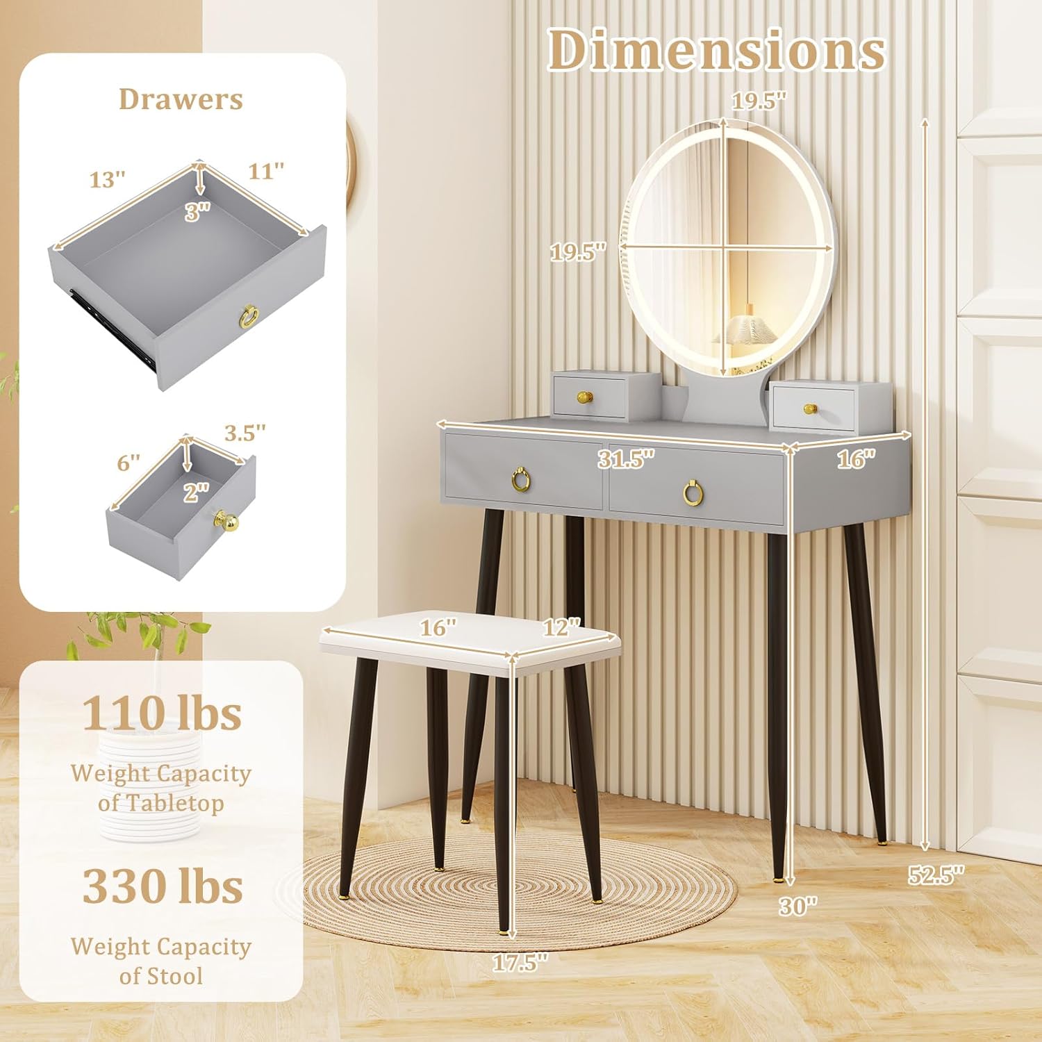 CHARMAID Vanity Desk with Mirror and Lights, Makeup Vanity with 4 Storage Drawers, 3 Lighting Modes, Adjustable Brightness, Modern Vanity Dressing Table with Stool for Bedroom, Gray & Black