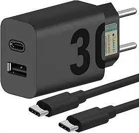 Carregador Turbo 30W Porta Dupla (USB-A + USB-C) + Cabo Ultra Rápido de 1M Premium® Compatível com Todos Dispositivos Android, iPhone 15/16, Samsung Galaxy, IOS/Android