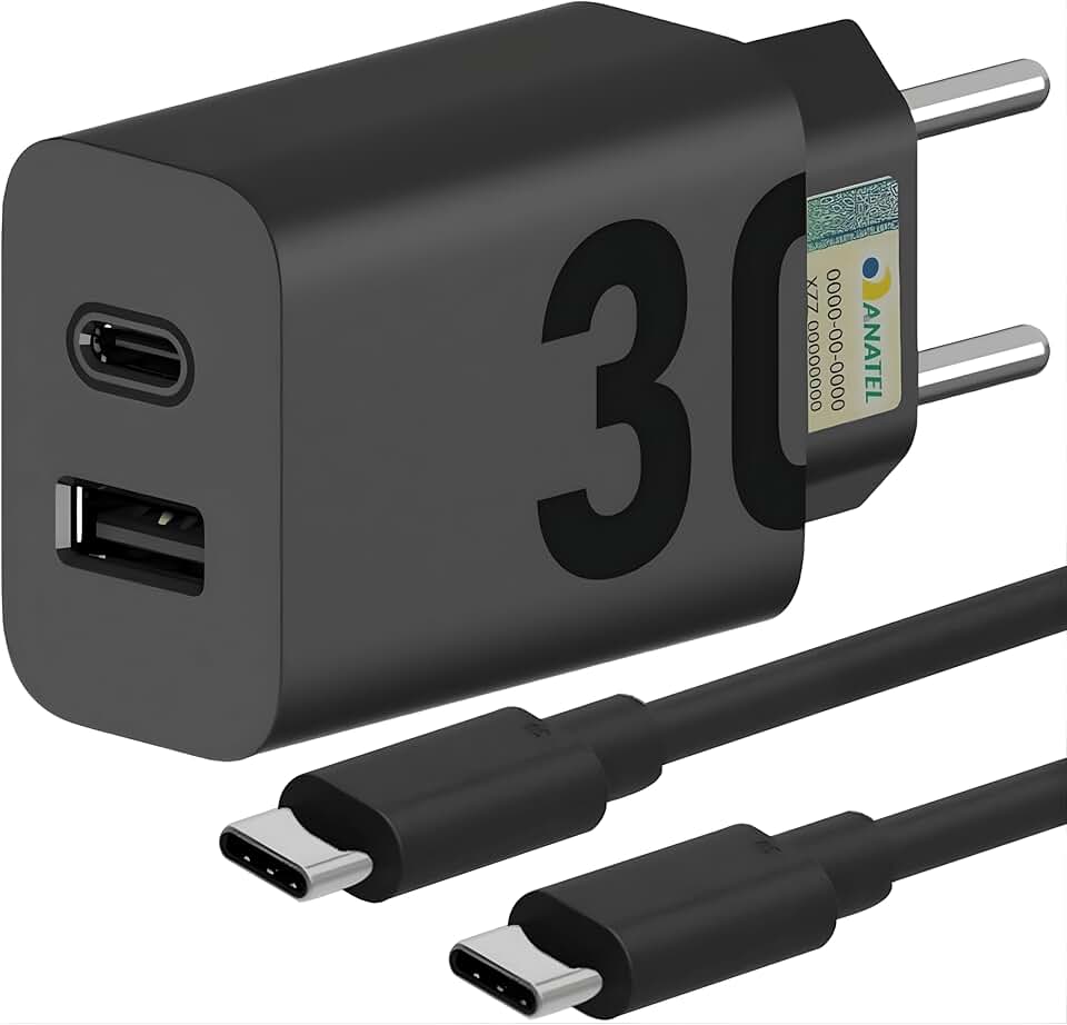 Carregador Turbo 30W Porta Dupla (USB-A + USB-C) + Cabo Ultra Rápido de 1M Premium® Compatível com Todos Dispositivos Android, iPhone 15/16, Samsung Galaxy, IOS/Android
