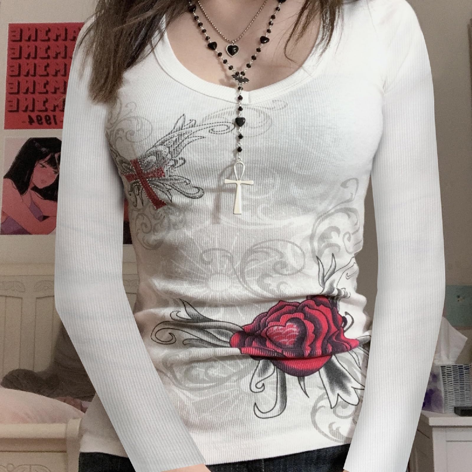 Grunge Clothes for Women Y2K Tops Long Sleeve Fairy Grunge Aesthetic Shirts Teen Girls Vintage Graphic Tees Fall