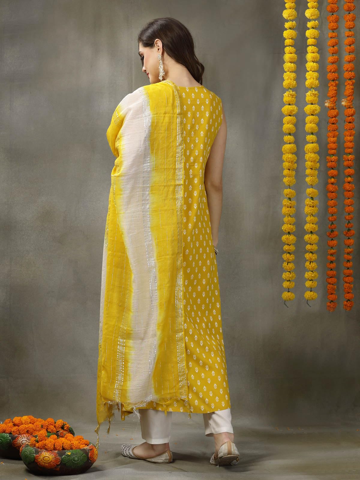 Stylum Women's Printed & Embroidered Rayon A-Line Kurta With Dupatta (Kdylwfruity40_Yellow, L)